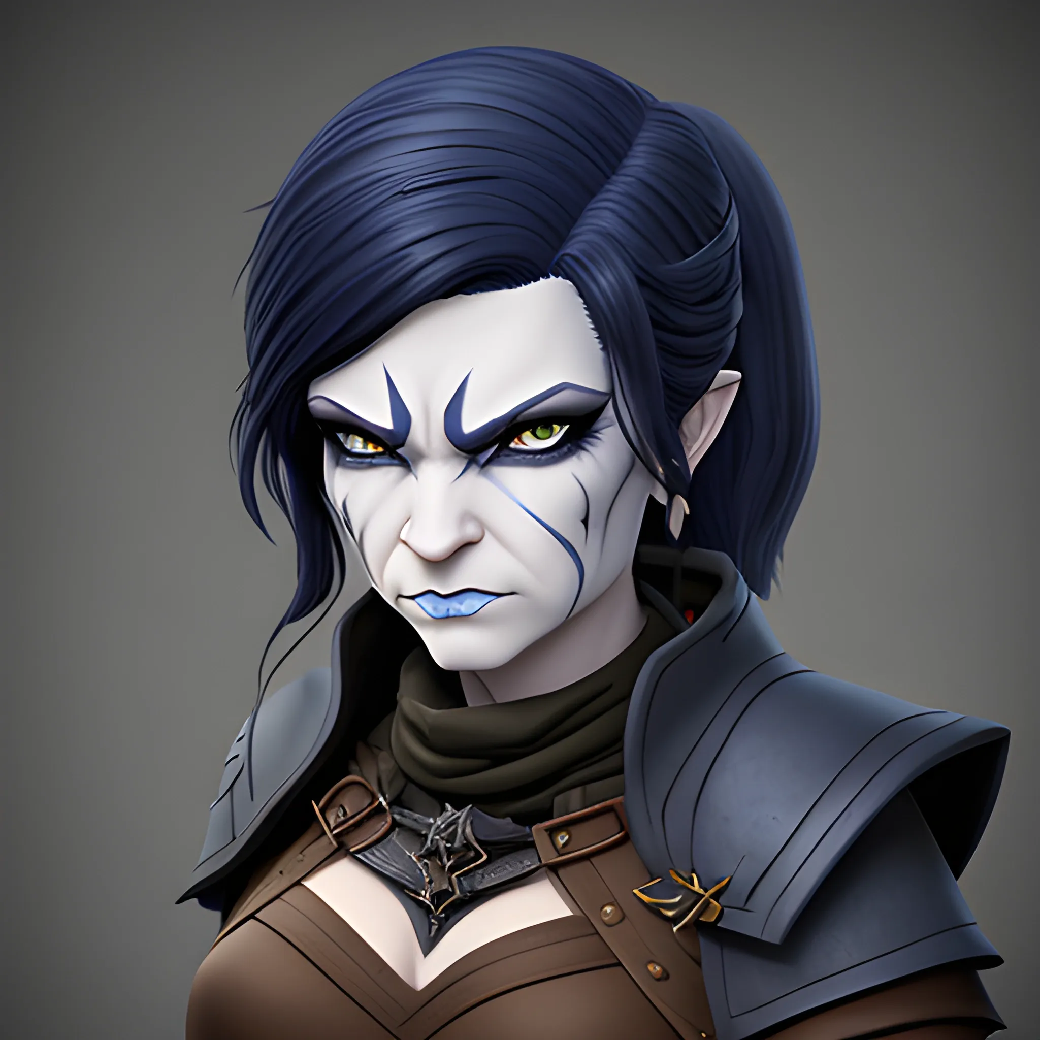 dungeons and dragons, rogue, epic, female, mature, pale, goth, short, halfling, black hair, slight frown, large massive scar across face, dark blue eyes, cartoon, fantasy, 3D