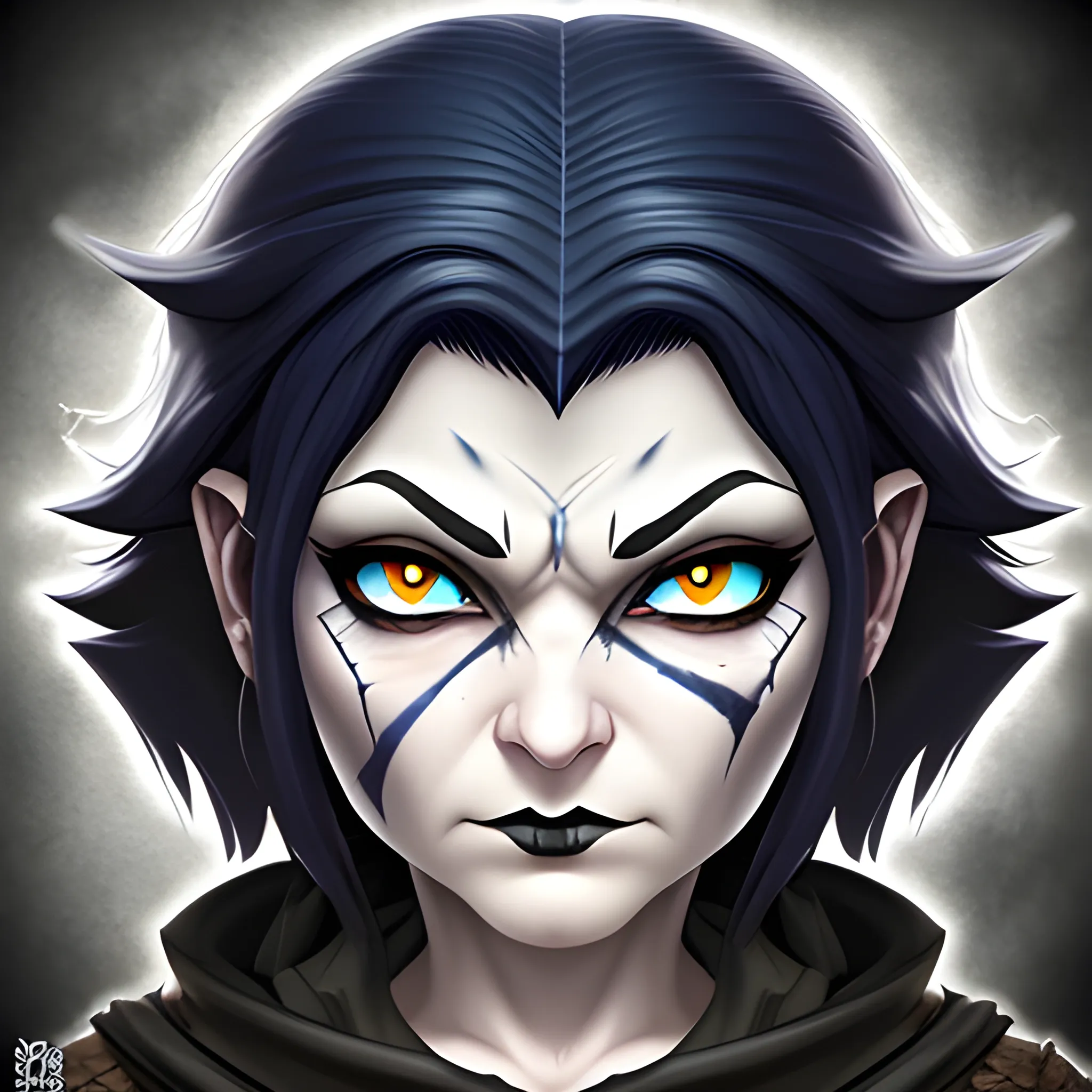 dungeons and dragons, rogue, epic, female, mature, pale, goth, short, halfling, black hair, slight frown, large massive scar across face, dark blue eyes, cartoon, fantasy, 3D