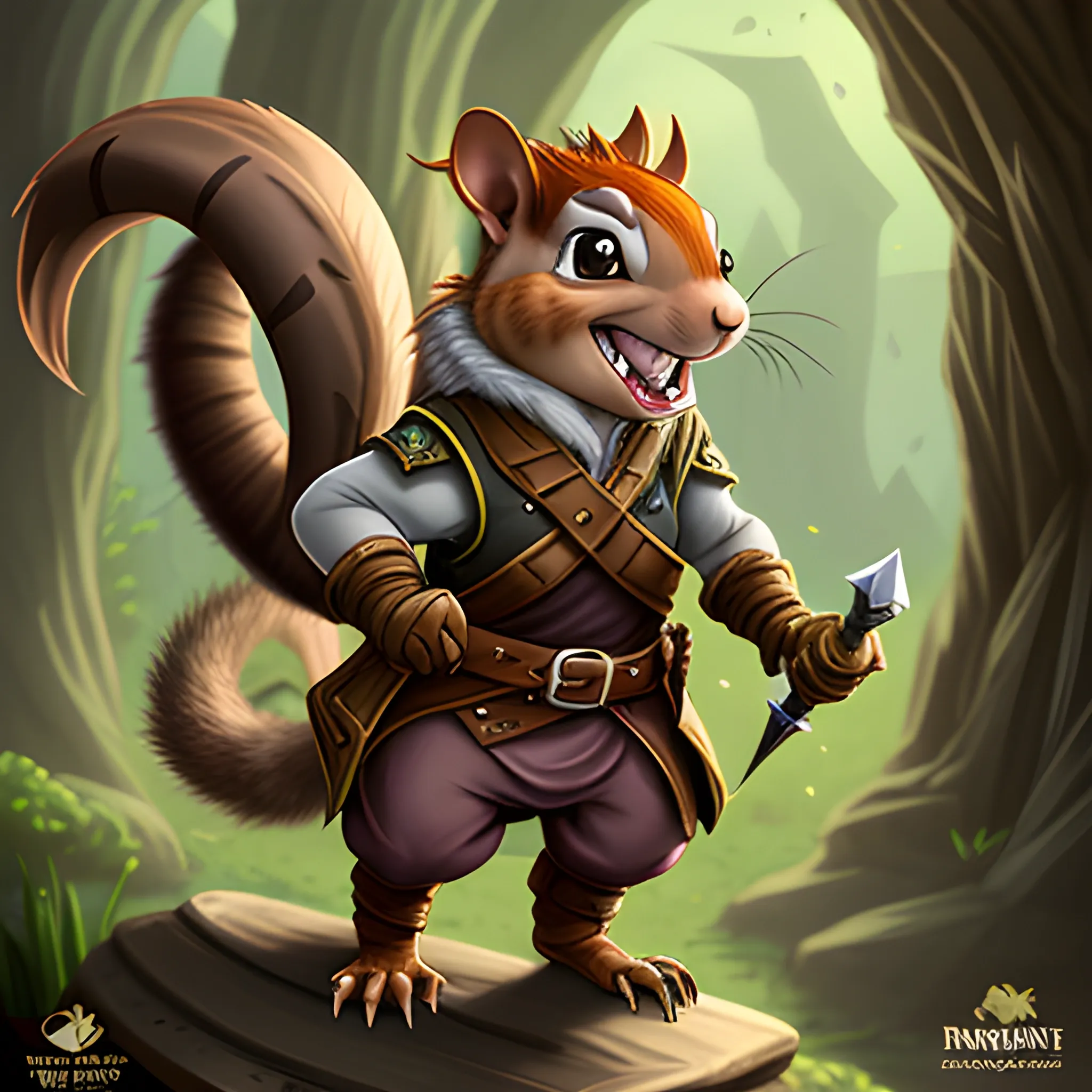 dungeons and dragons, rogue, epic, male, mature, anthropomorphic squirrel, light brown hair, big smile,  cartoon, fantasy, 3D