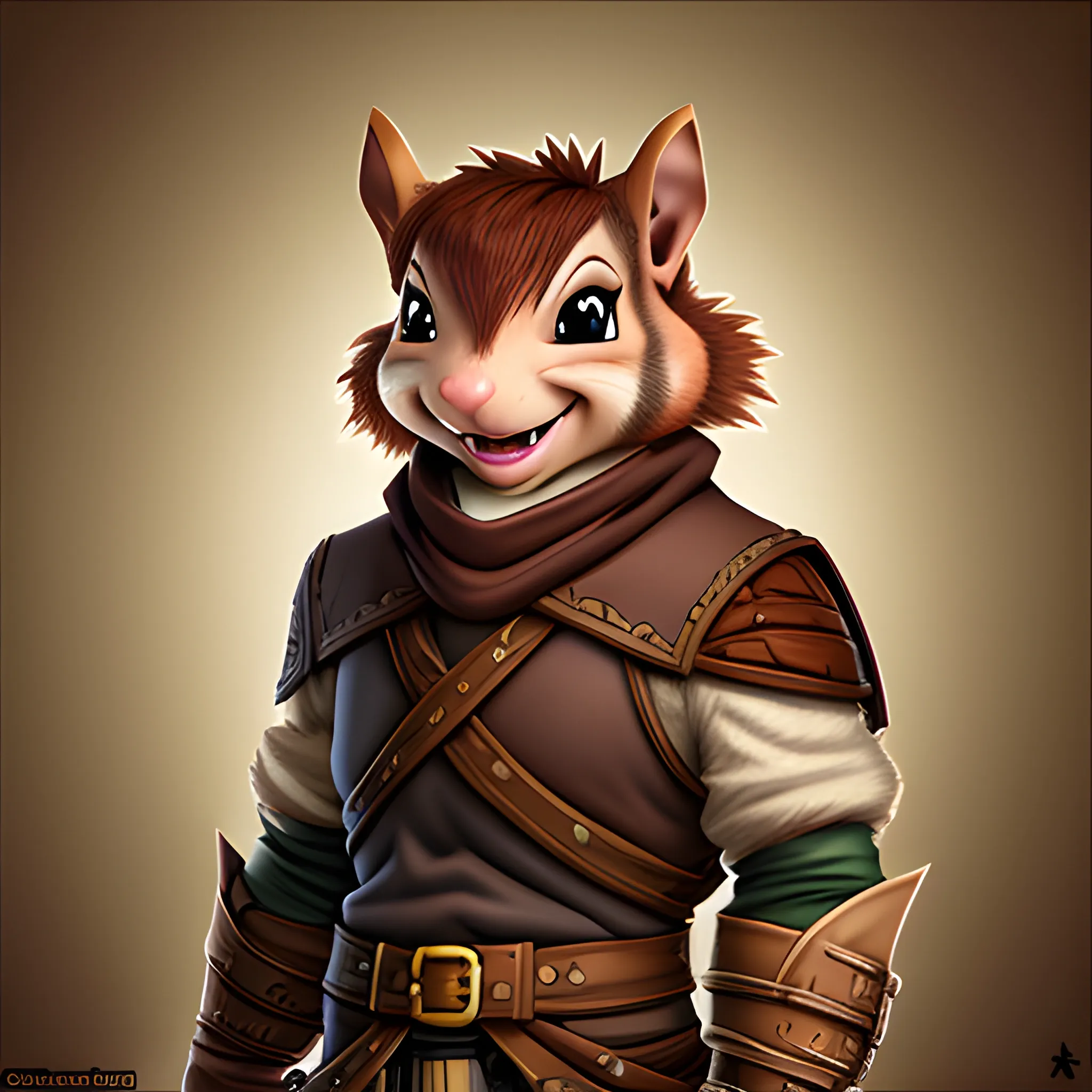 dungeons and dragons, rogue, epic, male, mature, anthropomorphic squirrel, light brown hair, big smile,  cartoon, fantasy, 3D