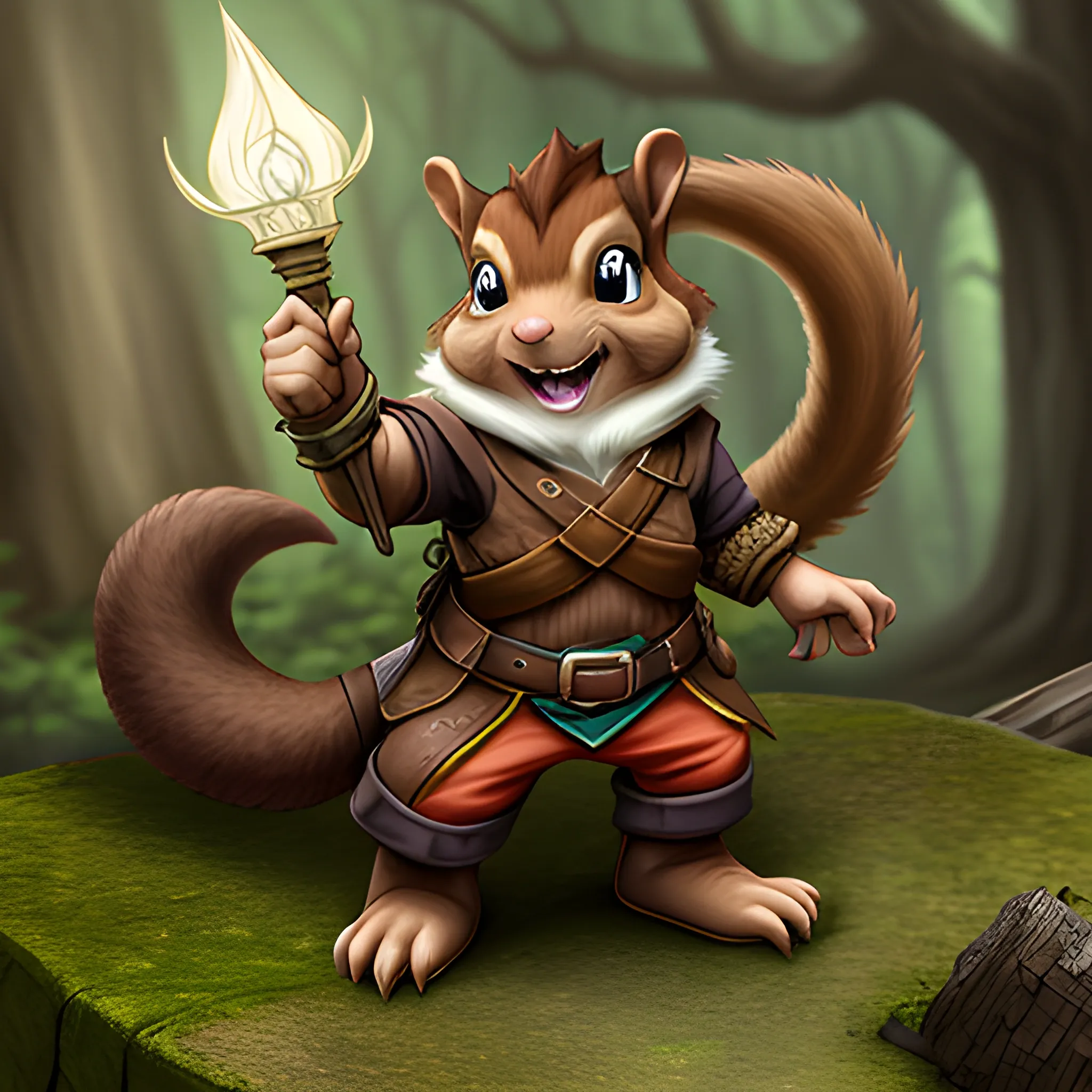 dungeons and dragons, rogue, epic, male, mature, anthropomorphic squirrel, light brown hair, big smile,  cartoon, fantasy, 3D