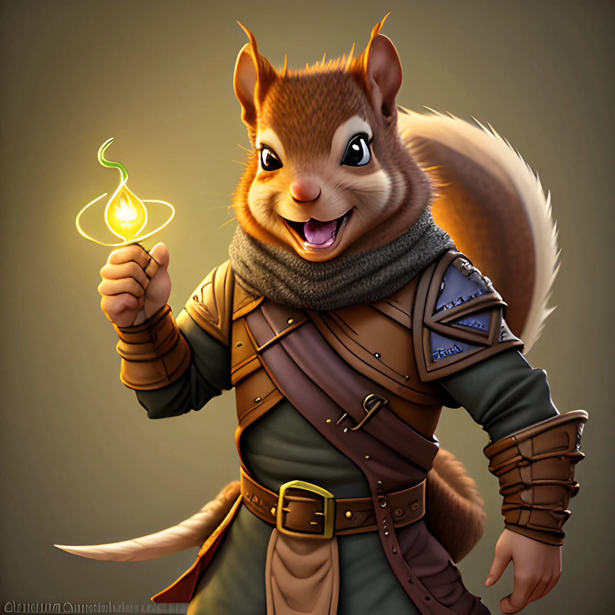 dungeons and dragons, rogue, epic, male, mature, anthropomorphic squirrel, light brown hair, big smile,  cartoon, fantasy, 3D