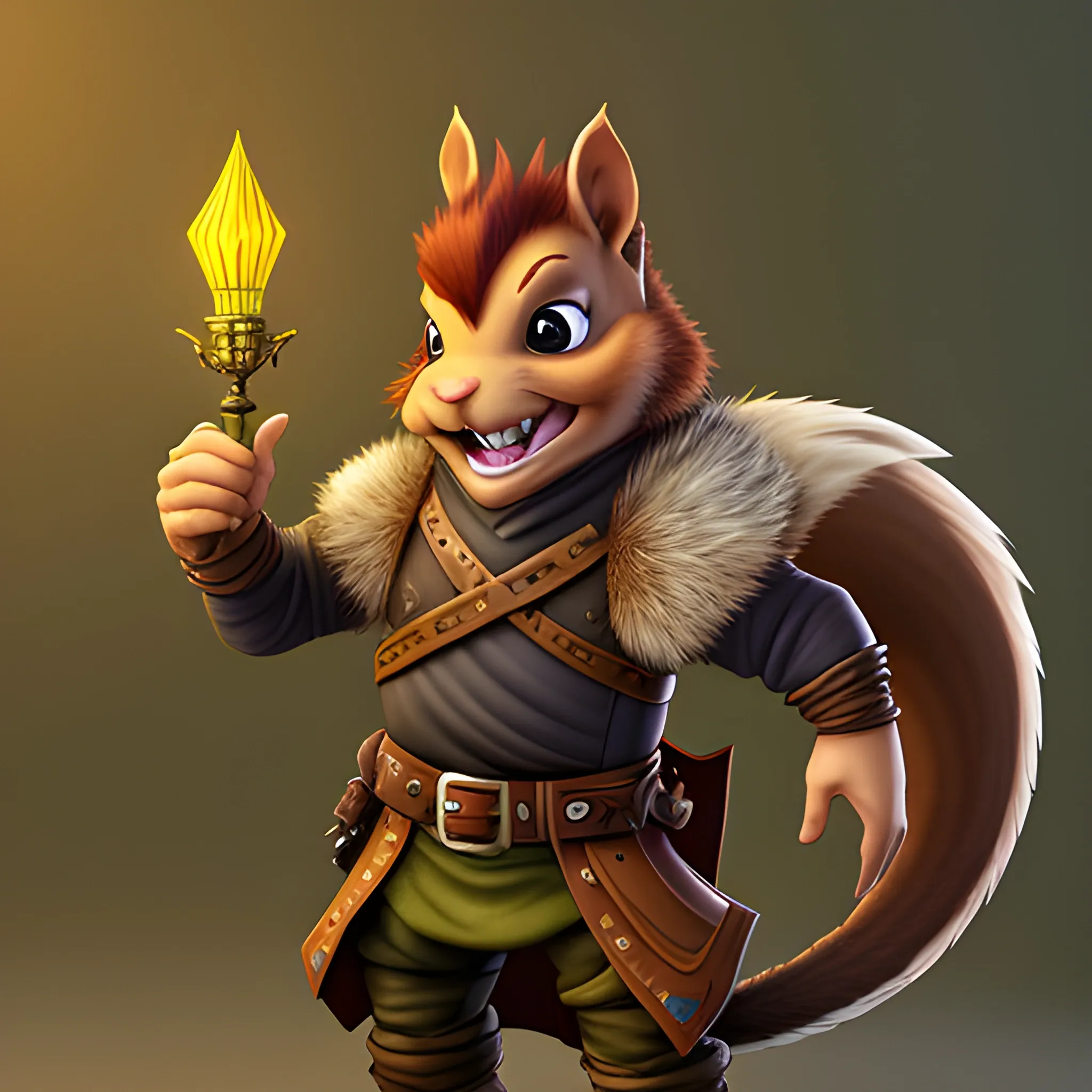 dungeons and dragons, rogue, epic, male, mature, anthropomorphic squirrel, light brown hair, big smile,  cartoon, fantasy, 3D