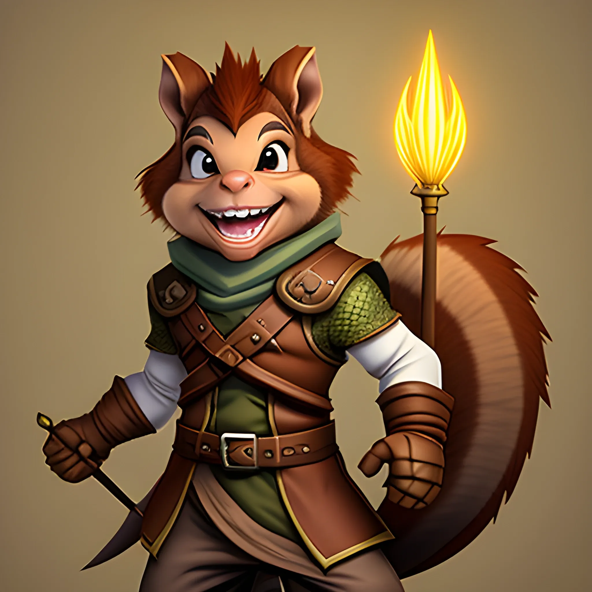 dungeons and dragons, rogue, epic, male, mature, anthropomorphic squirrel, light brown hair, big smile,  cartoon, fantasy, 3D