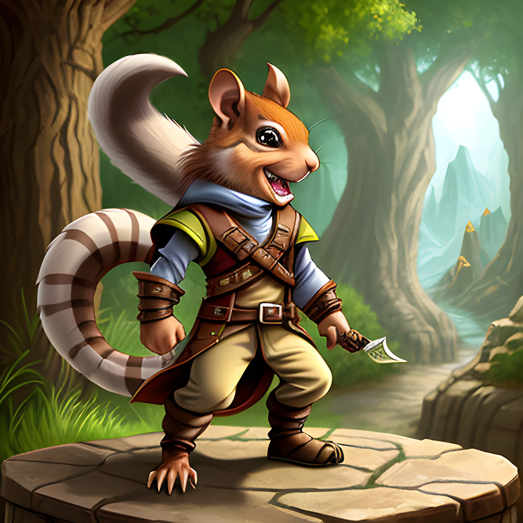 dungeons and dragons, rogue, epic, male, mature, anthropomorphic squirrel, light brown hair, big smile,  cartoon, fantasy, 3D