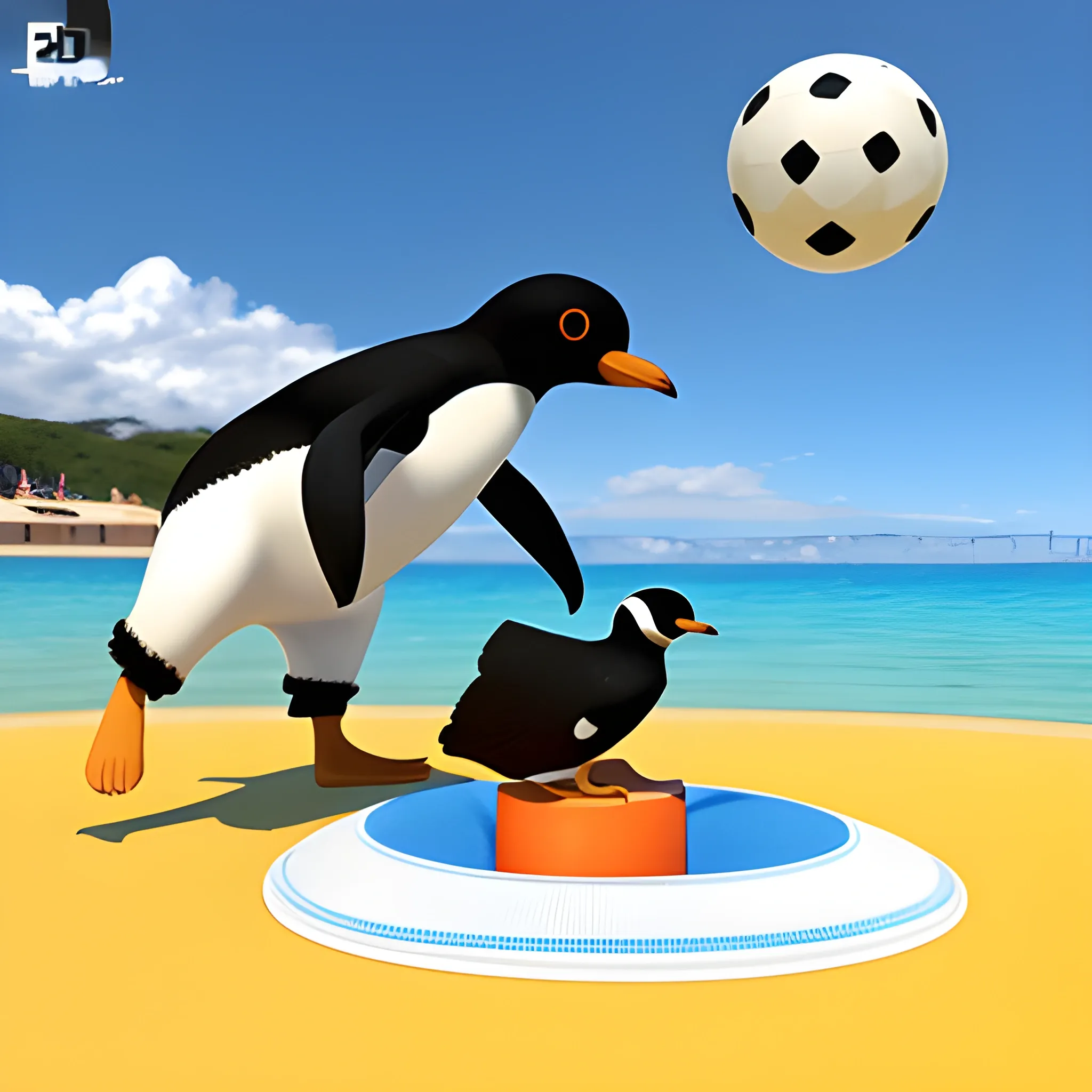 pingüino jugando a la pelota en la playa, 3D