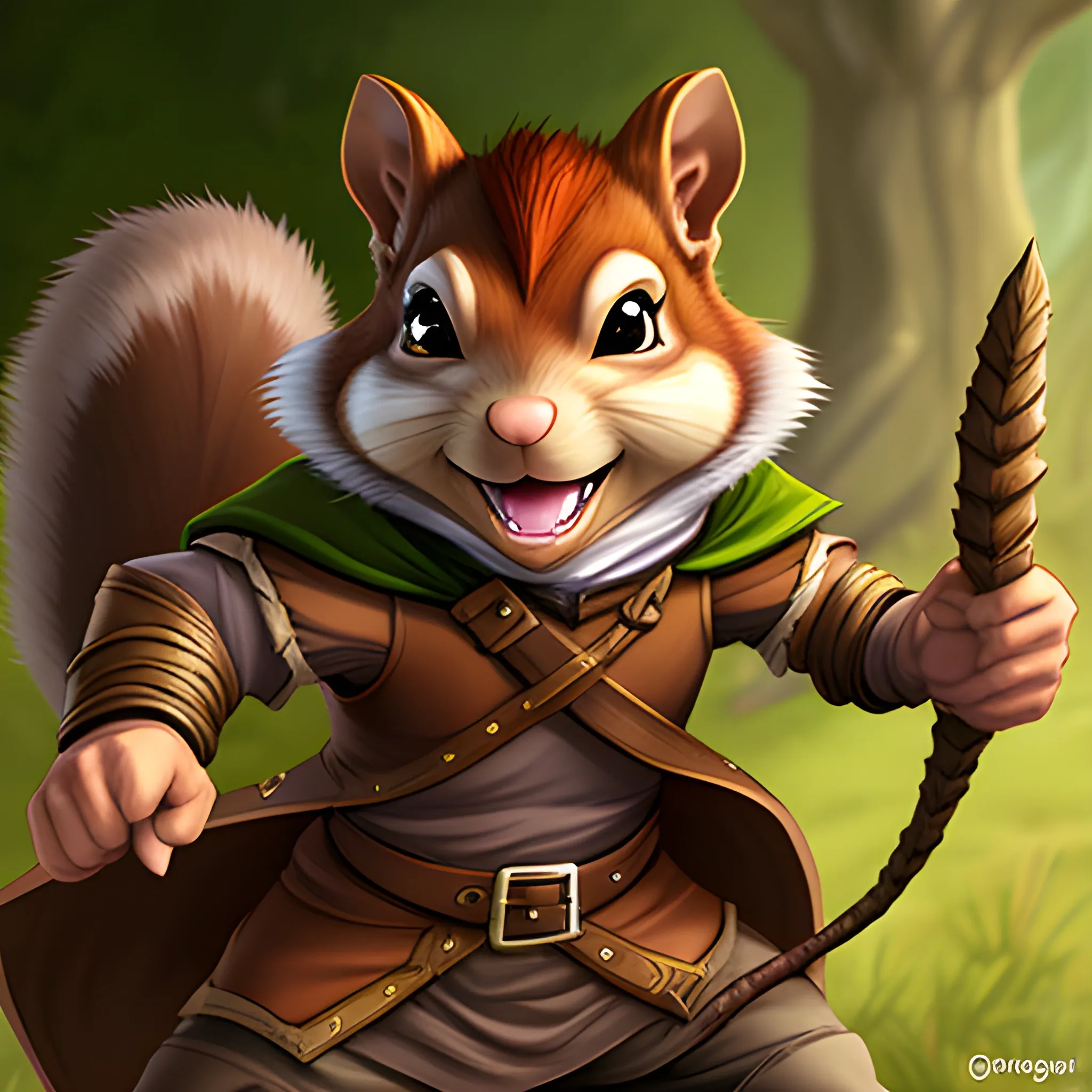 dungeons and dragons, rogue, epic, male, mature, anthropomorphic squirrel, light brown hair, big smile,  cartoon, fantasy, 3D