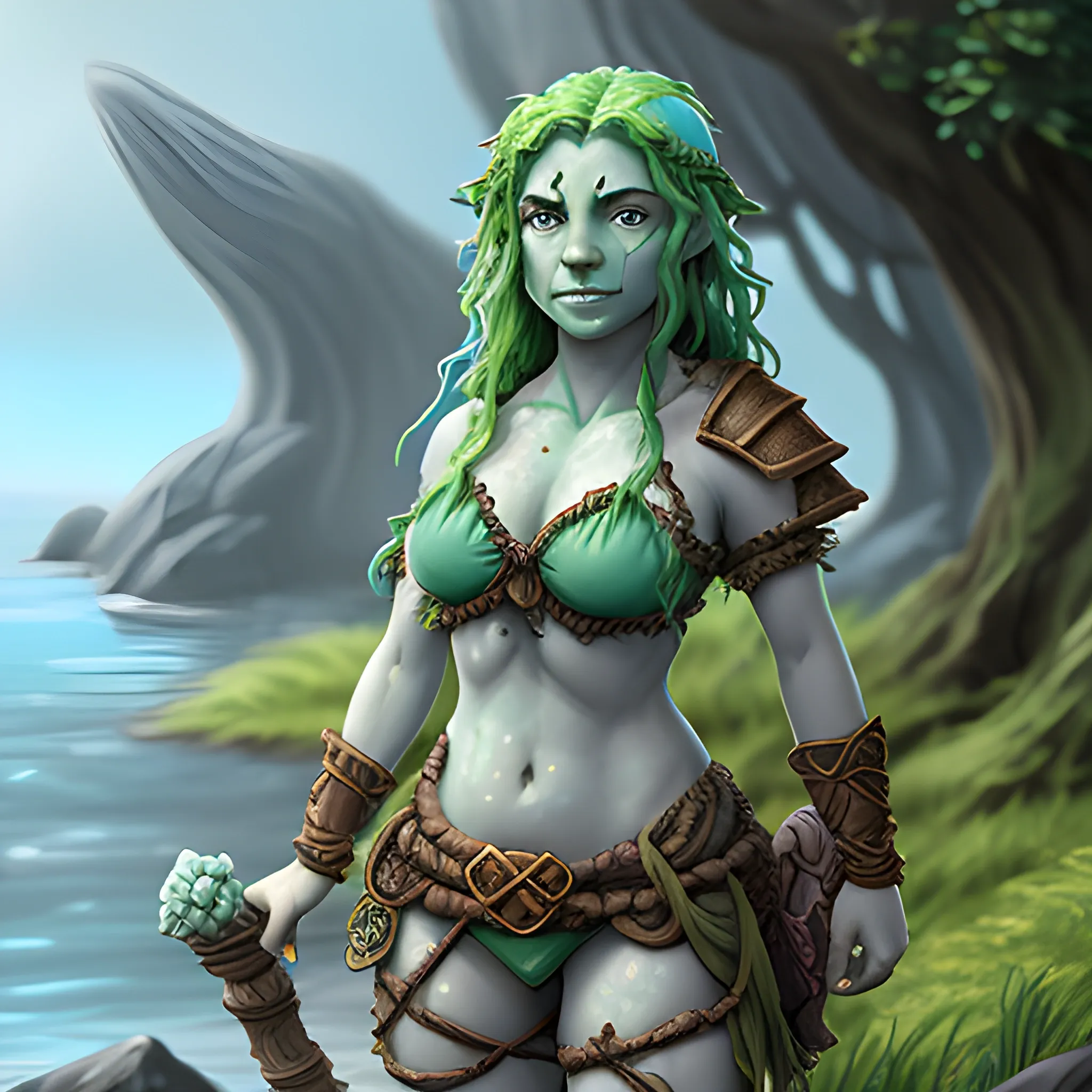 dungeons and dragons, druid, epic, female, water genasi, halfling, green skin, bikini,  cartoon, fantasy, 3D