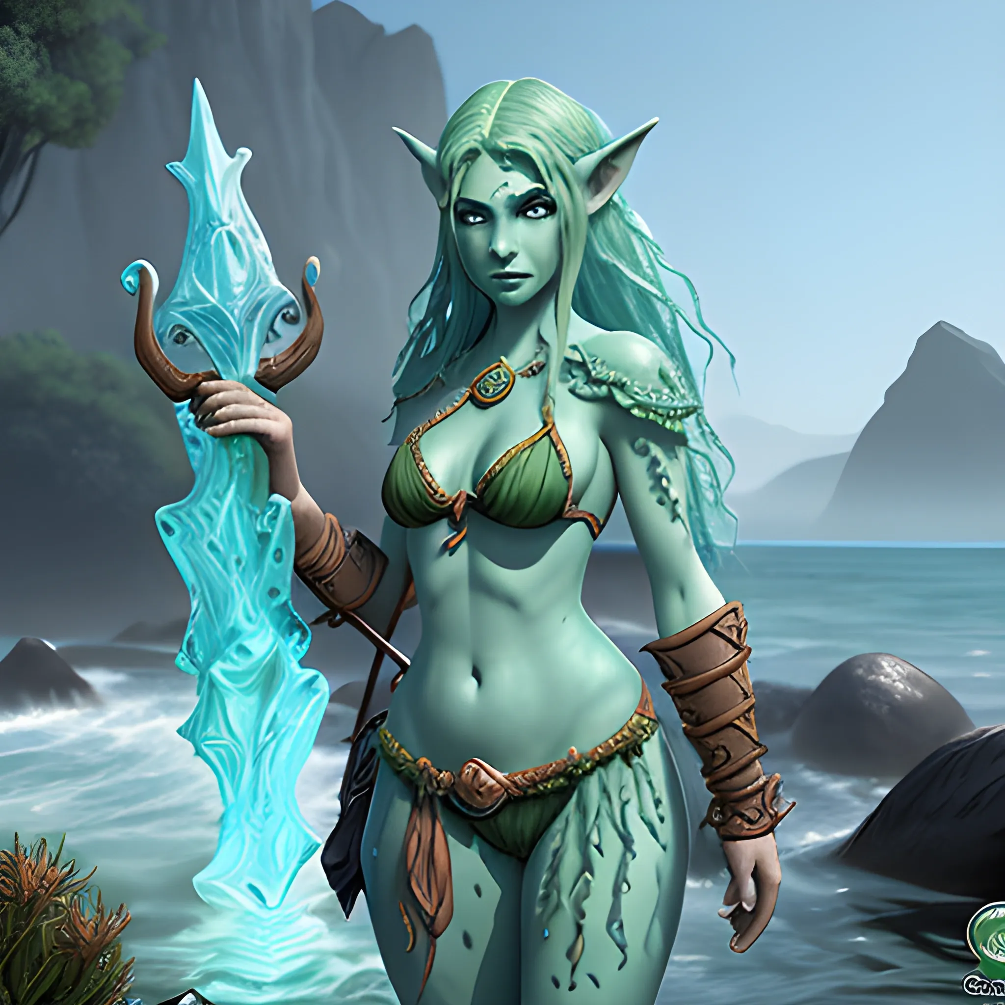 dungeons and dragons, druid, epic, female, water genasi, elf, bluegreen skin, bikini,  cartoon, fantasy, 3D