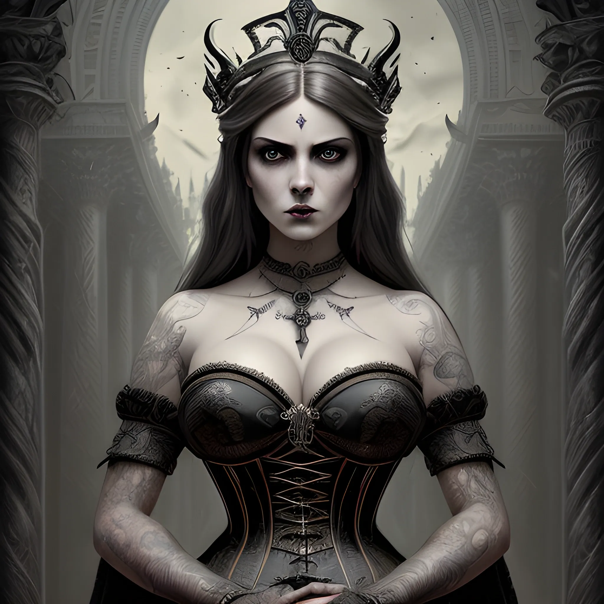 concept art Gothic style Hyperrealistic art concept art cinematic film still comic Renaissance style. goddess of luck and seduction, ultrawide angle, extreme photo angle. Alluring and tempting. Seductive aura surrounds. highly detailed, fine details. concept art. massive crown. Sexuality in the world.  Breathtaking goddess, regal corset . perspective, light and shadow, religious or mythological themes, highly detailed. vibrant, highly detailed . shallow depth of field, vignette, highly detailed, high budget, cinemascope, moody, epic, gorgeous, film grain, grainy. megalophobia. anxiety inducing. chained up. . digital artwork, illustrative, painterly, matte painting, highly detailed. Plunging neckline, gorgeous anatomy,tattooed cleavage. Extremely high-resolution details, photographic, realism pushed to extreme, fine texture, incredibly lifelike . Dark, mysterious, haunting, dramatic, ornate, detailed . digital artwork, illustrative, painterly, matte painting, highly detailed, seductive allure