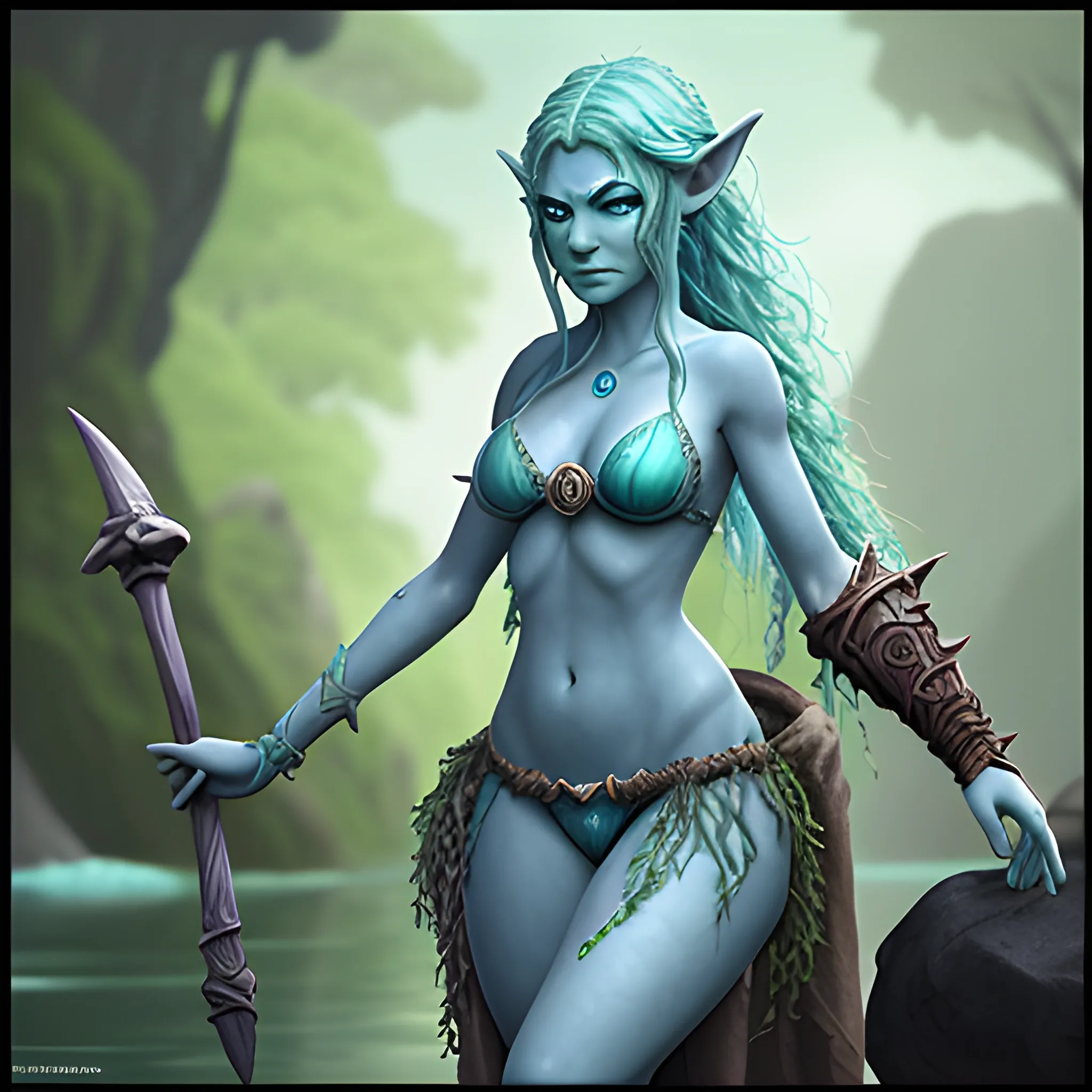 dungeons and dragons, druid, epic, female, water genasi, elf, bluegreen skin, bikini,  cartoon, fantasy, 3D