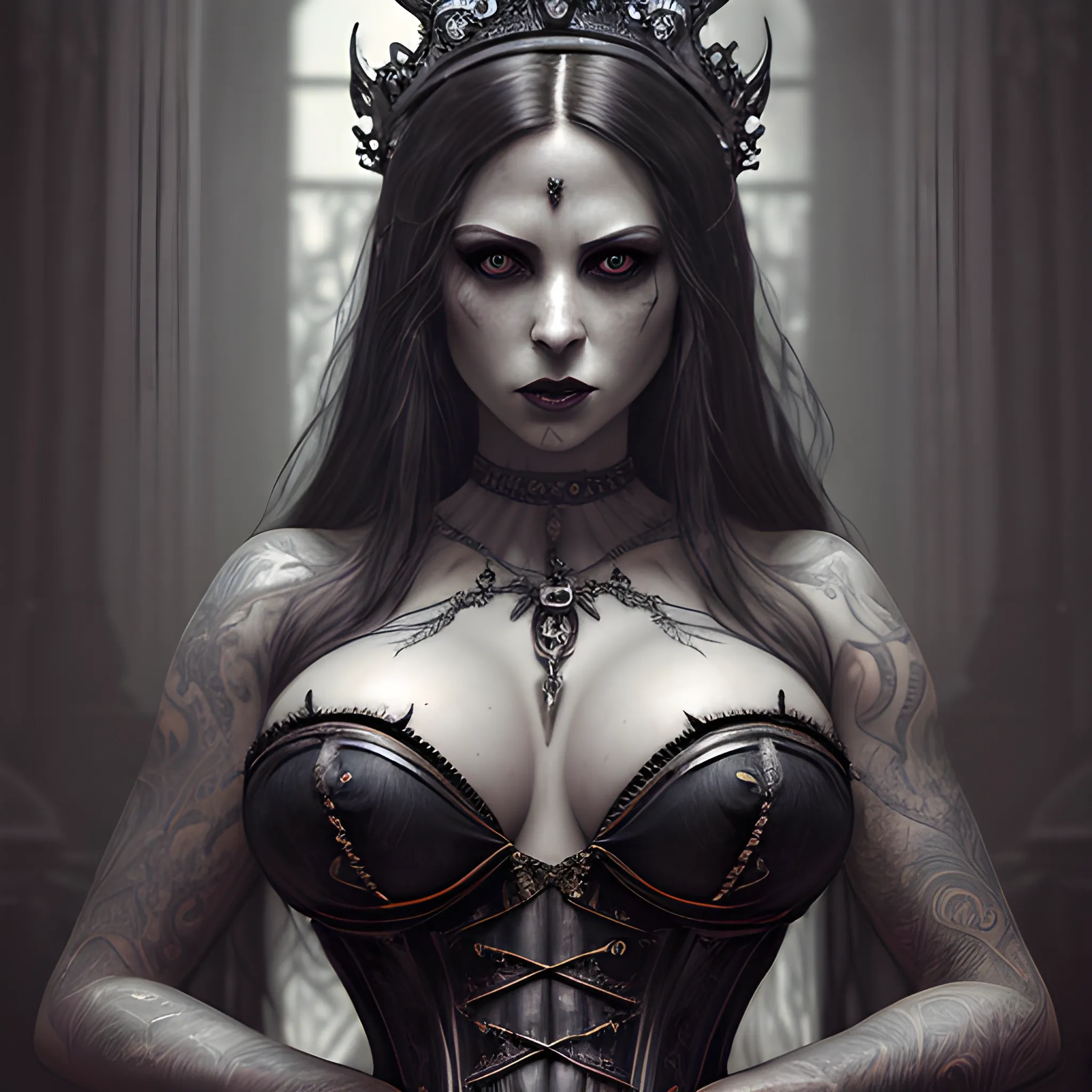 concept art Gothic style Hyperrealistic art concept art cinematic film still comic. goddess of sin and seduction, ultrawide angle, extreme photo angle. Alluring and tempting. Seductive aura surrounds. highly detailed, fine details. concept art. massive crown. Sexuality in the world.  Erotic goddess, regal corset . perspective, light and shadow, religious or mythological themes, highly detailed. vibrant, highly detailed . shallow depth of field, vignette, highly detailed, high budget, cinemascope, moody, epic, gorgeous, film grain, grainy. megalophobia. anxiety inducing. chained up. . digital artwork, illustrative, painterly, matte painting, highly detailed. Plunging neckline, gorgeous anatomy,tattooed cleavage. Extremely high-resolution details, photographic, realism pushed to extreme, fine texture, incredibly lifelike . Dark, mysterious, haunting, dramatic, ornate, detailed . digital artwork, illustrative, painterly, matte painting, highly detailed, seductive allure, Hyperrealistic 