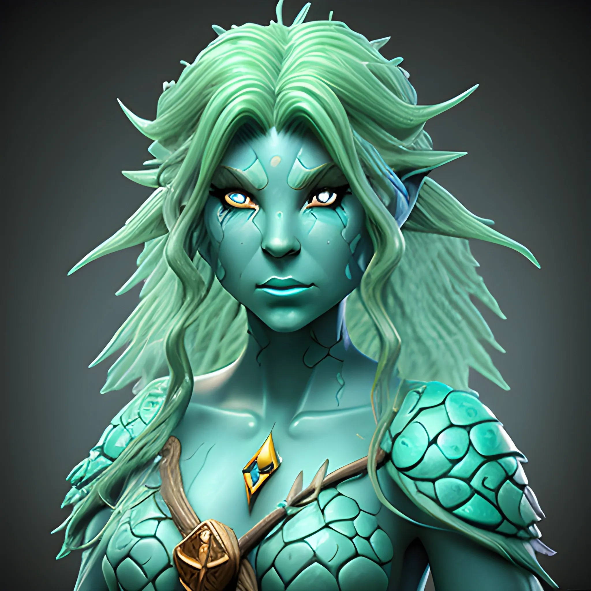 dungeons and dragons, druid, epic, female, water genasi, bluegreen skin, attractive,  cartoon, fantasy, 3D