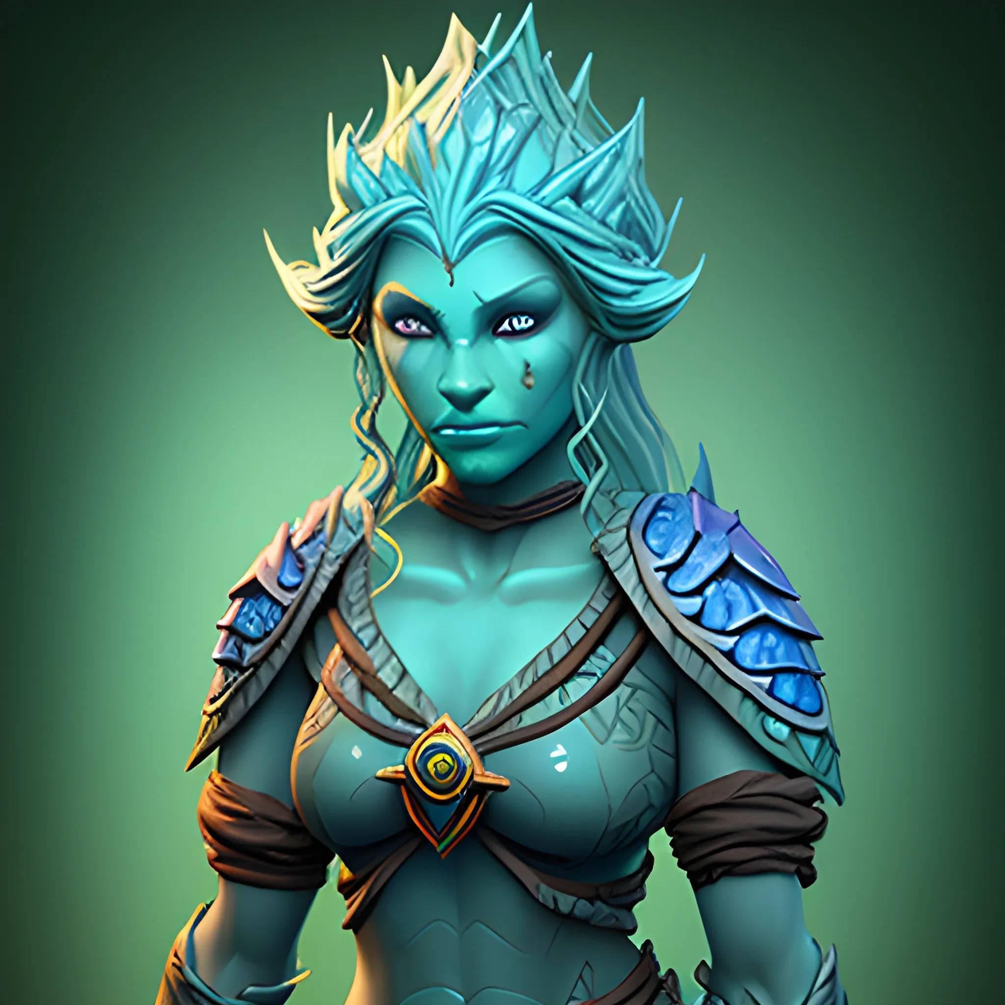 dungeons and dragons, druid, epic, female, water genasi, bluegreen skin, attractive,  cartoon, fantasy, 3D