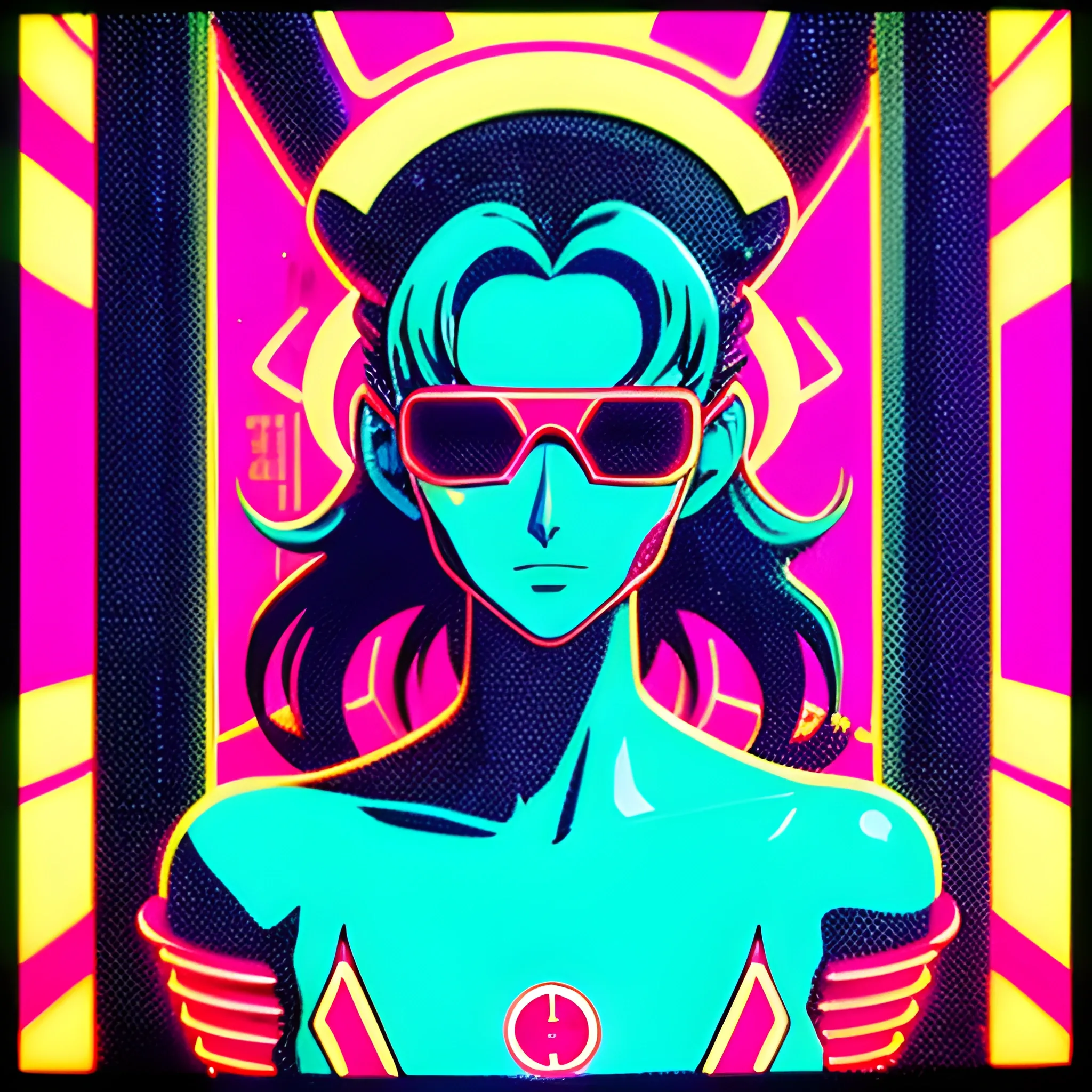 90's Retro Anime Style: A female nurse fusion  of Neon Genesis Evangelion, Dora and madmax.  in a kids playroom. A shiny figure with multiple faces appears and Segmented Flemish art floats around him. . The darkened corridors of the ancient runes, where surreal vaporwave decor warps and twists into unsettling forms, fade into view. The scene is ethereal, VHS. add anaglyph visualisations, Cartoon