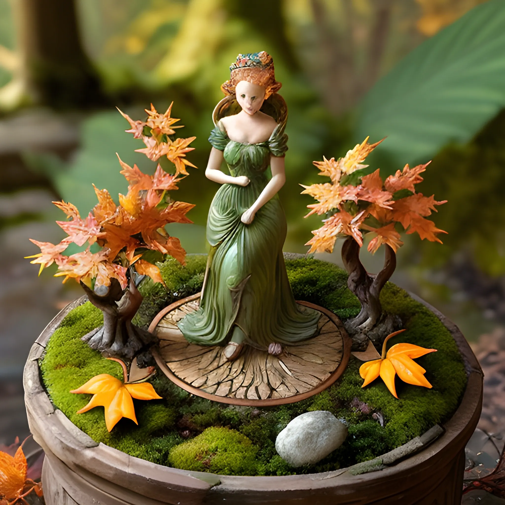 A whimsical miniature figure crafted from delicately arranged autumn leaves dances gracefully on the rim of a weathered, moss-covered terracotta pot. It is set against a lush, vibrant forest backdrop, where dappled sunlight filters through the canopy above, casting intricate shadows. The scene has an ethereal aesthetic with warm, earthy tones of sienna, umber, and olive green, accented by hints of emerald and golden light, evoking a sense of wonder and enchantment, as if plucked from a fantastical realm.