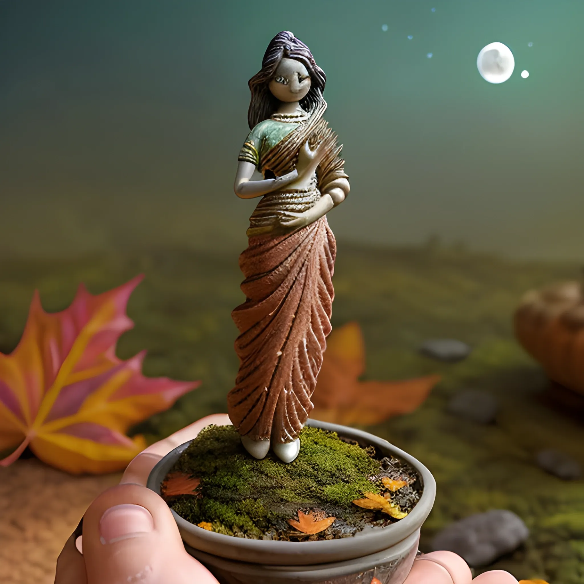 A whimsical miniature figure crafted from delicately arranged autumn leaves dances gracefully on the rim of a weathered, wearing Saree, moss-covered terracotta pot. integrating the moon land, mountains with skyscrapers and holographic Astronaut, evoking the legacy of the land within the human spirit, as if plucked from a fantastical realm.