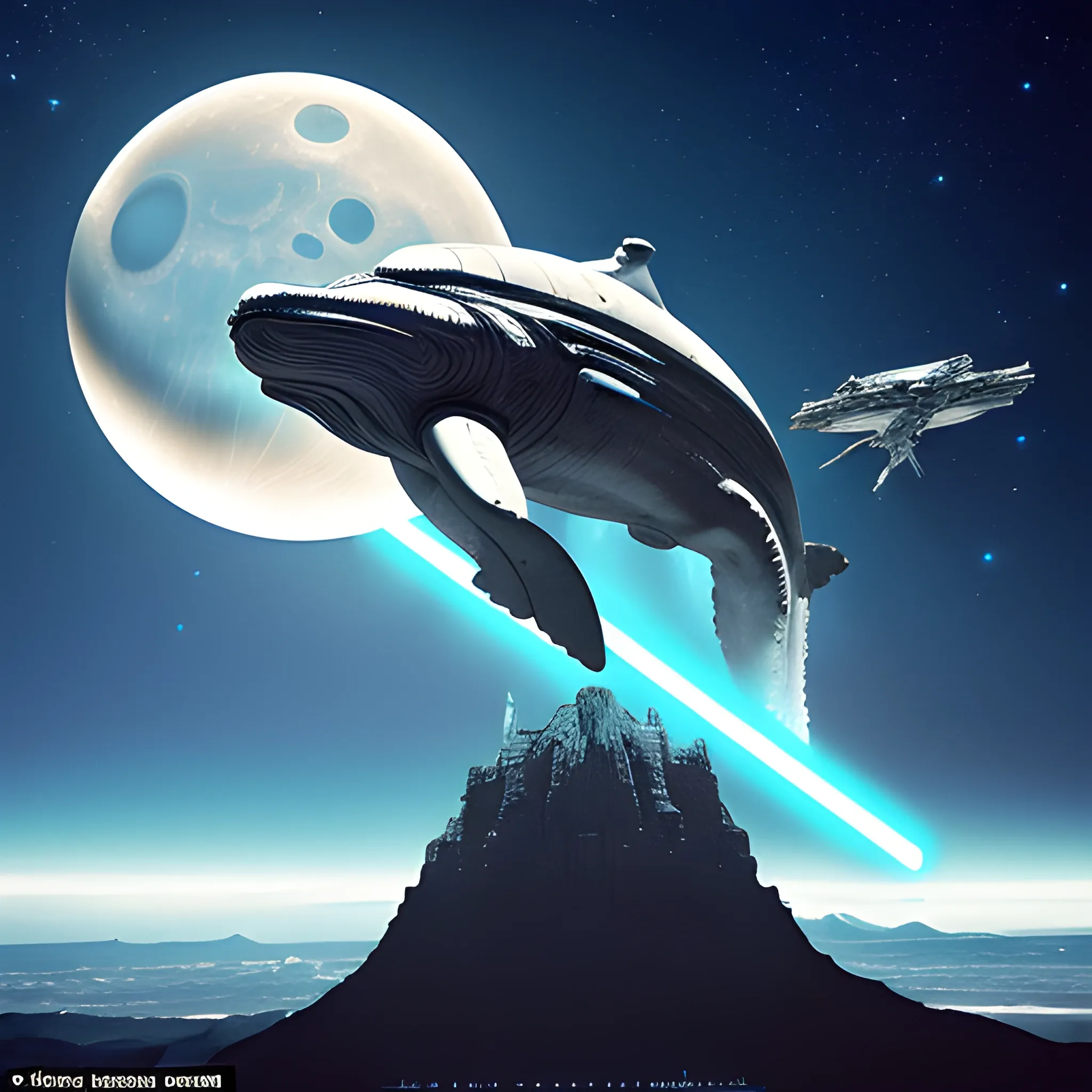 Double Exposure fossil of whale in action, star wars, in the style of olympus af-1 (aka olympus infinity) of Echoing Void, Whispered Features, Land's Legacy, integrating the moon land, mountains with skyscrapers and holographic Astronaut, evoking the legacy of the land within the human spirit