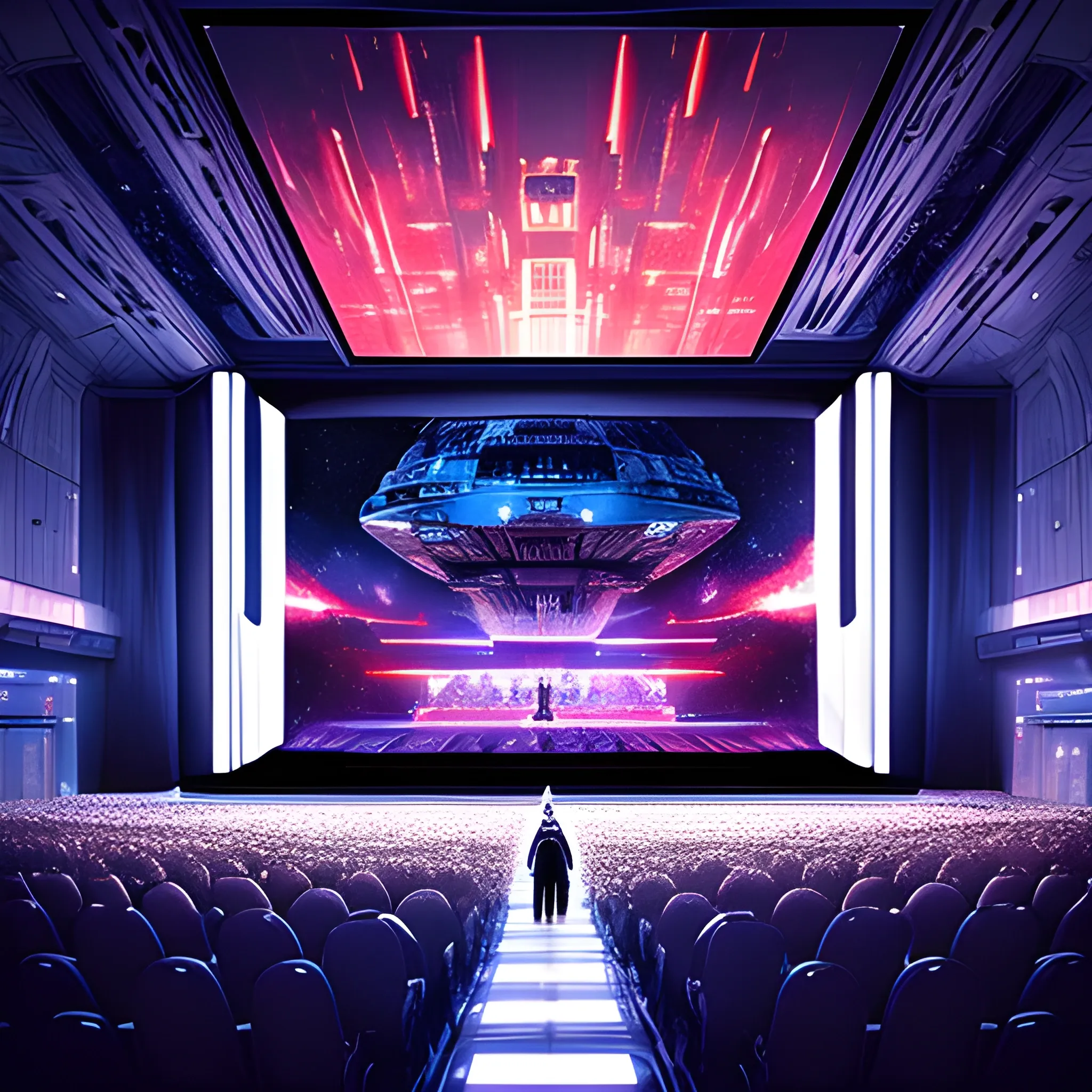 Double Exposure auditorium in action, star wars, in the style of Olympus af-1 (aka Olympus infinity) of Echoing Void, Whispered Features, Land's Legacy, alien playing violin, skyscrapers and holographic, evoking the legacy of the land within the human spirit