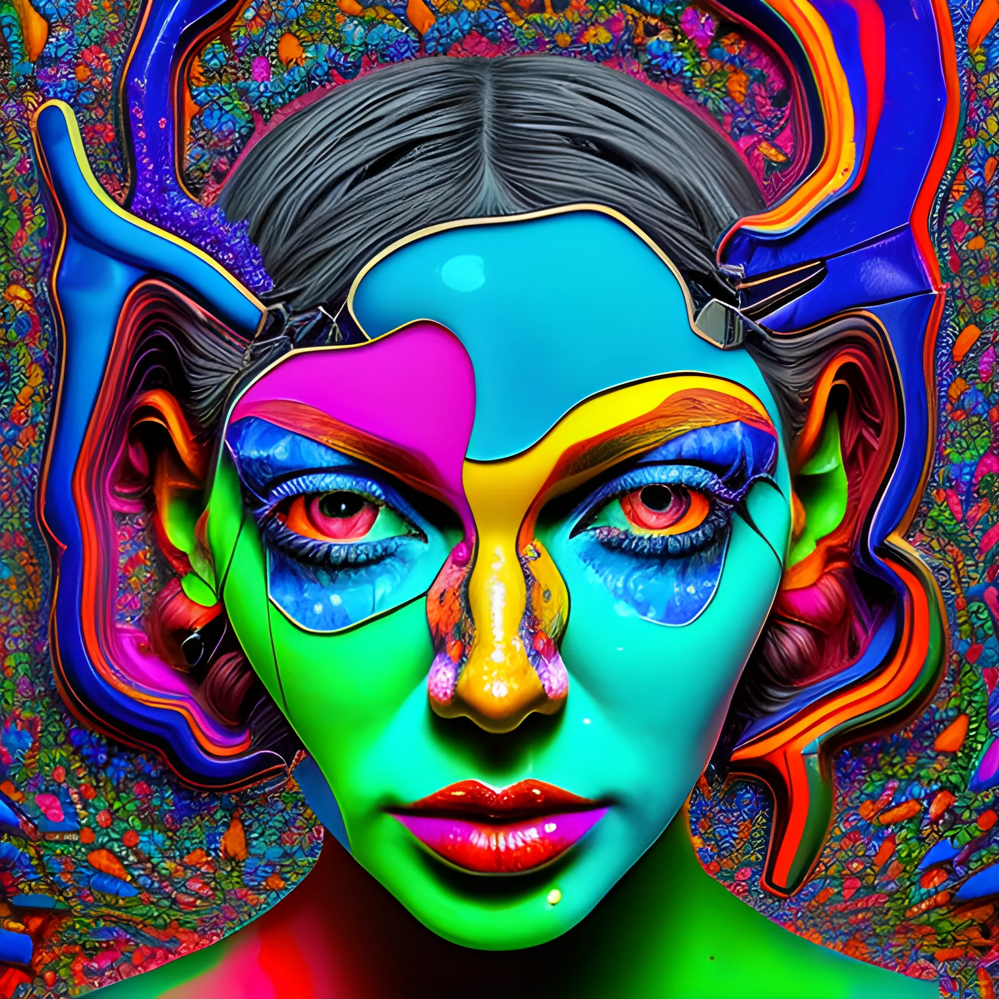 a colorful psychedelic photo of woman face made from broken glass, surrealistic style, high resolution, high detail, high contrast, bright colors, wide angle 