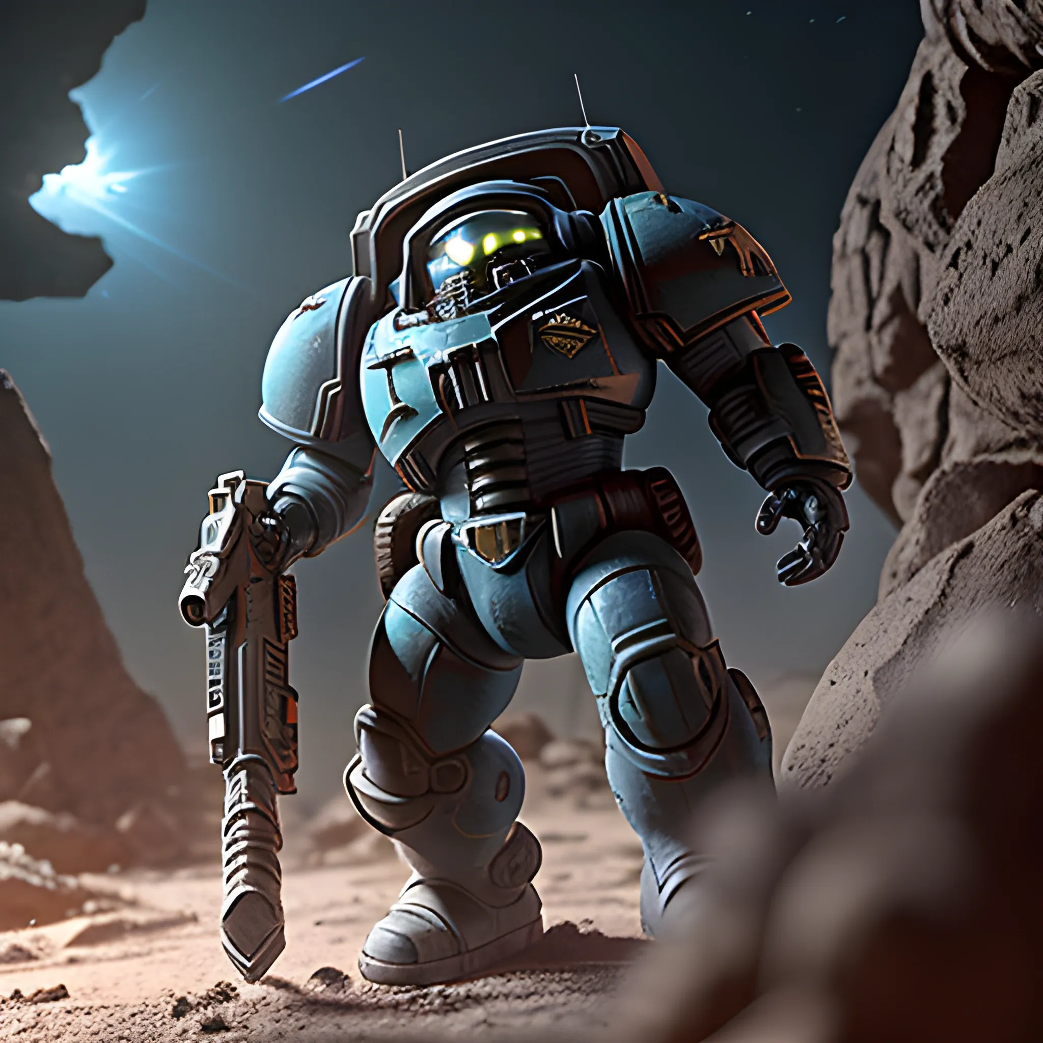 Ultra-realistic space marine, wearing futuristic power armor, wielding a plasma rifle, in dynamic action on a barren alien planet surface, harsh sunlight casting strong shadows, low-angle shot, with dust and debris effects, dynamic movement, motion blur, cinematic, ultra-detailed