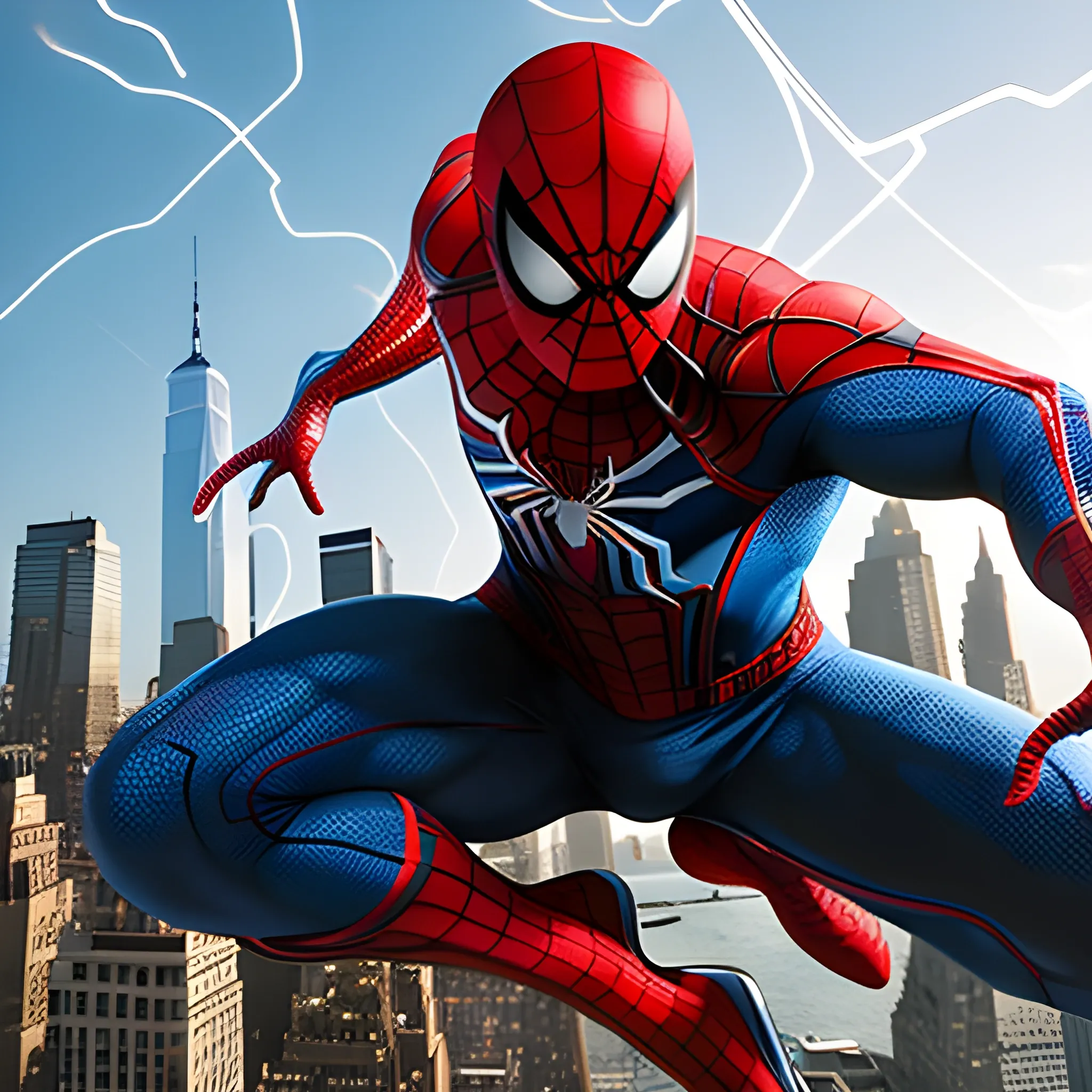 Ultra-realistic Spiderman, clad in iconic red and blue suit, web-swinging with web shooters in dynamic action across the New York City skyline, vibrant cityscape lighting, mid-air close-up shot, with web trails and skyscraper reflections, dynamic movement, motion blur, cinematic, ultra-detailed