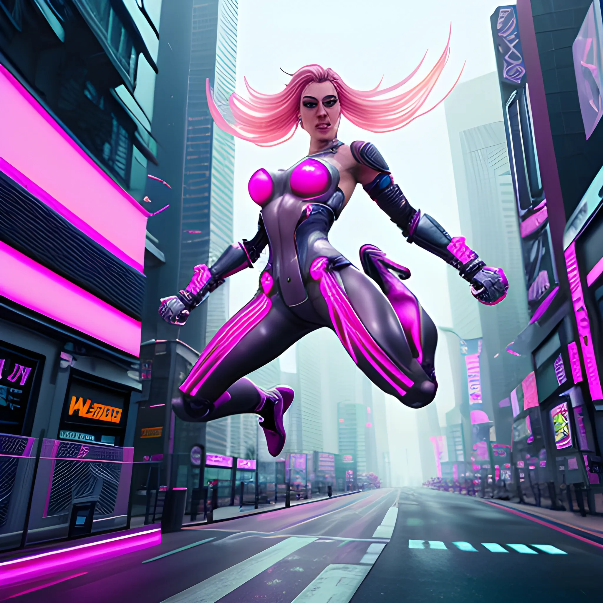 Ultra-realistic cyberpunk girl jumping in the air and punching with a fist with pink hair, dressed in white and pink carbon fiber armor, wielding glowing energy-enhanced metallic fists, in dynamic action amidst neon-lit urban streets, cyberpunk lighting, front angle, with digital displays and holographic advertisements, dynamic movement, motion blur, cinematic, ultra-detailed