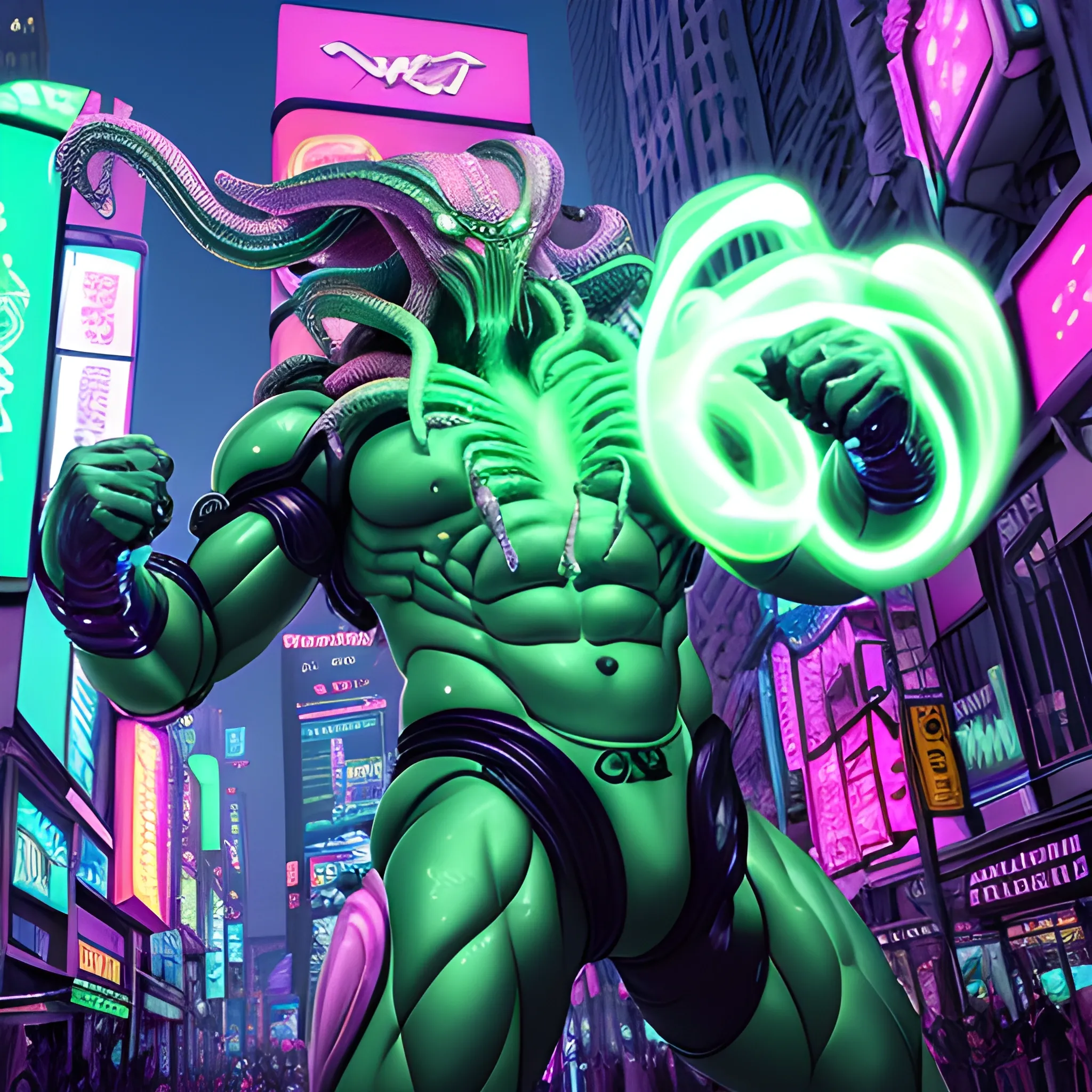 Ultra-realistic Mythos Cthulhu jumping in the air and punching with a fist with green hair, dressed in white and pink carbon fiber armor, wielding glowing energy-enhanced metallic fists, in dynamic action amidst neon-lit urban streets, cyberpunk lighting, front angle, with digital displays and holographic advertisements, dynamic movement, motion blur, cinematic, ultra-detailed