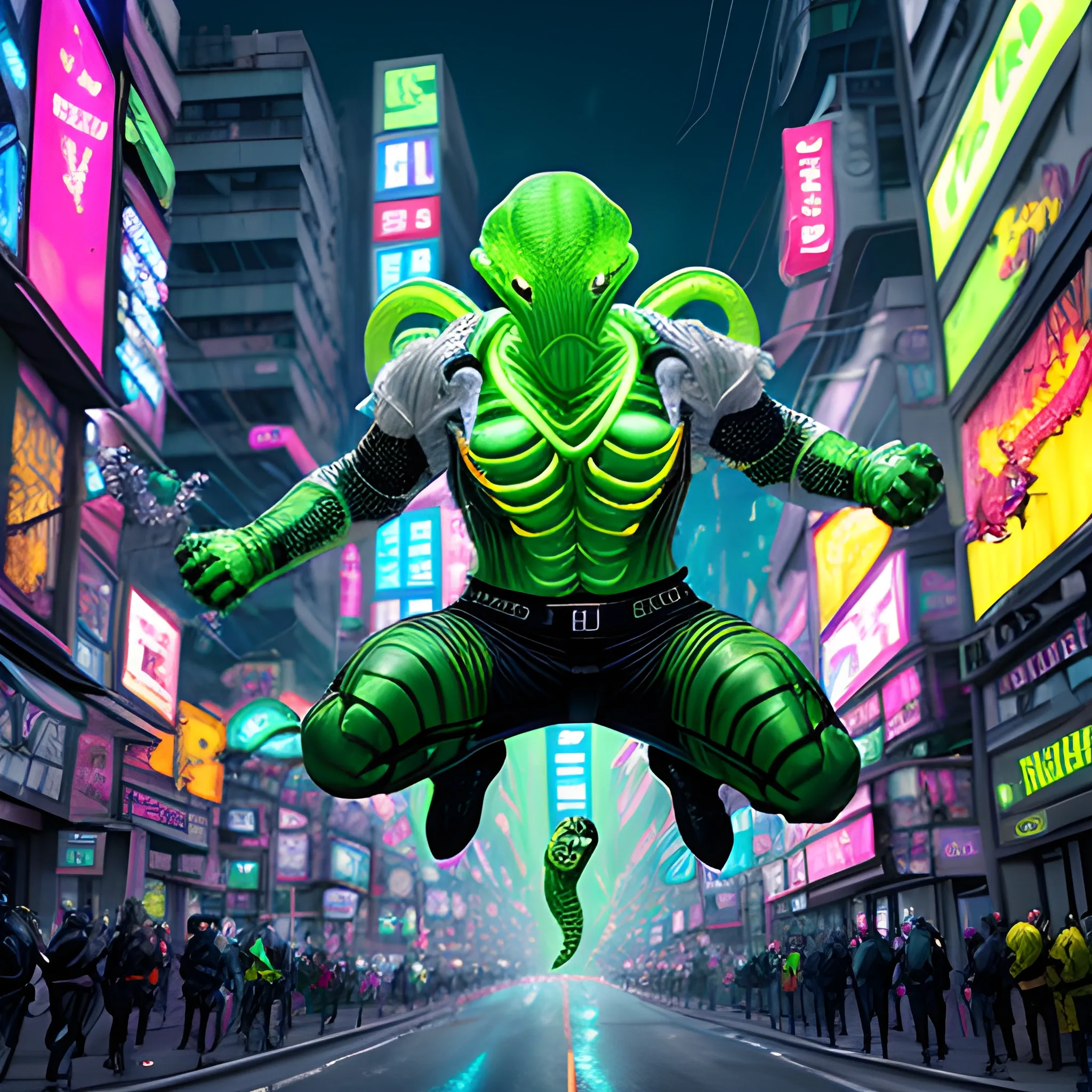 Ultra-realistic Cthulhu jumping in the air and punching with a fist with sward, dressed in white and yellow carbon fiber armor, wielding glowing energy-enhanced metallic fists, in dynamic action amidst neon-lit urban streets, cyberpunk lighting, front angle, with digital displays and holographic advertisements, dynamic movement, motion blur, cinematic, ultra-detailed