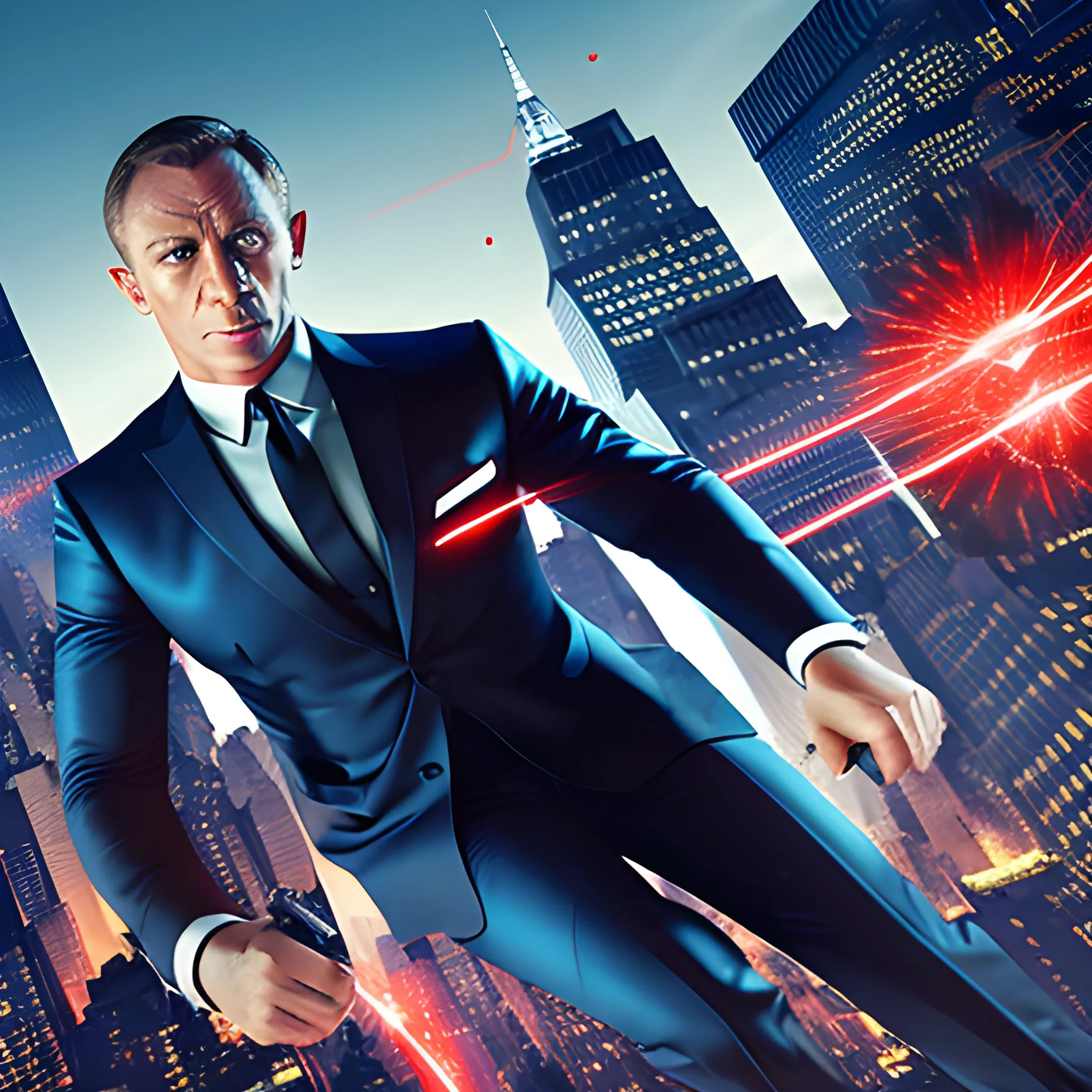 Ultra-realistic James Bond is a fictional characte, clad in iconic red and blue suit, web-swinging with web shooters in dynamic action across the New York City skyline, vibrant cityscape lighting, mid-air close-up shot, with web trails and skyscraper reflections, dynamic movement, motion blur, cinematic, ultra-detailed