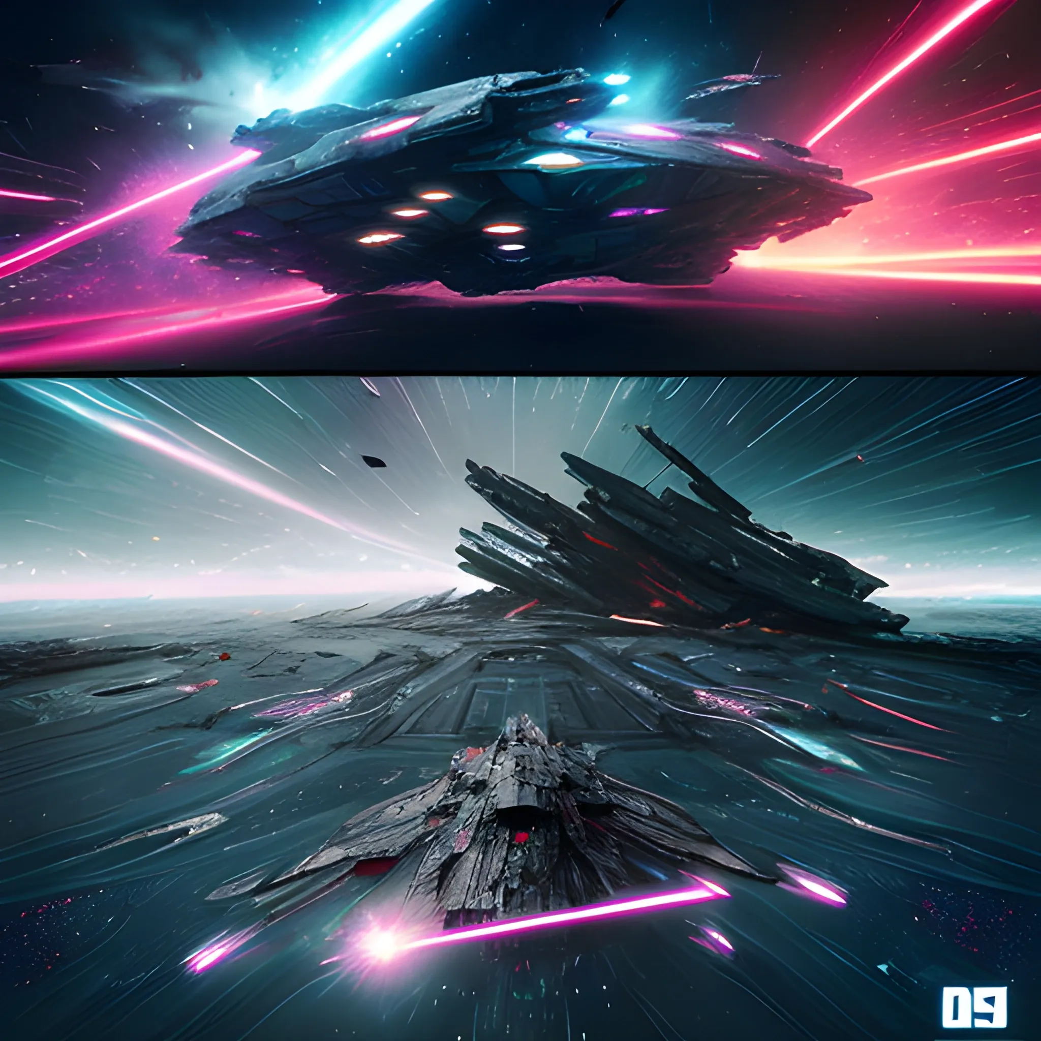 double exposure, white background, digital painting and a digitally created image of a Space opera battle scene landscape, star-ships clashing amidst a nebula, laser beams slicing through cosmic dust, explosions illuminating the dark void, twisted metal and debris of destroyed ships orbiting a distant planet, detailed, cinematic, Trippy