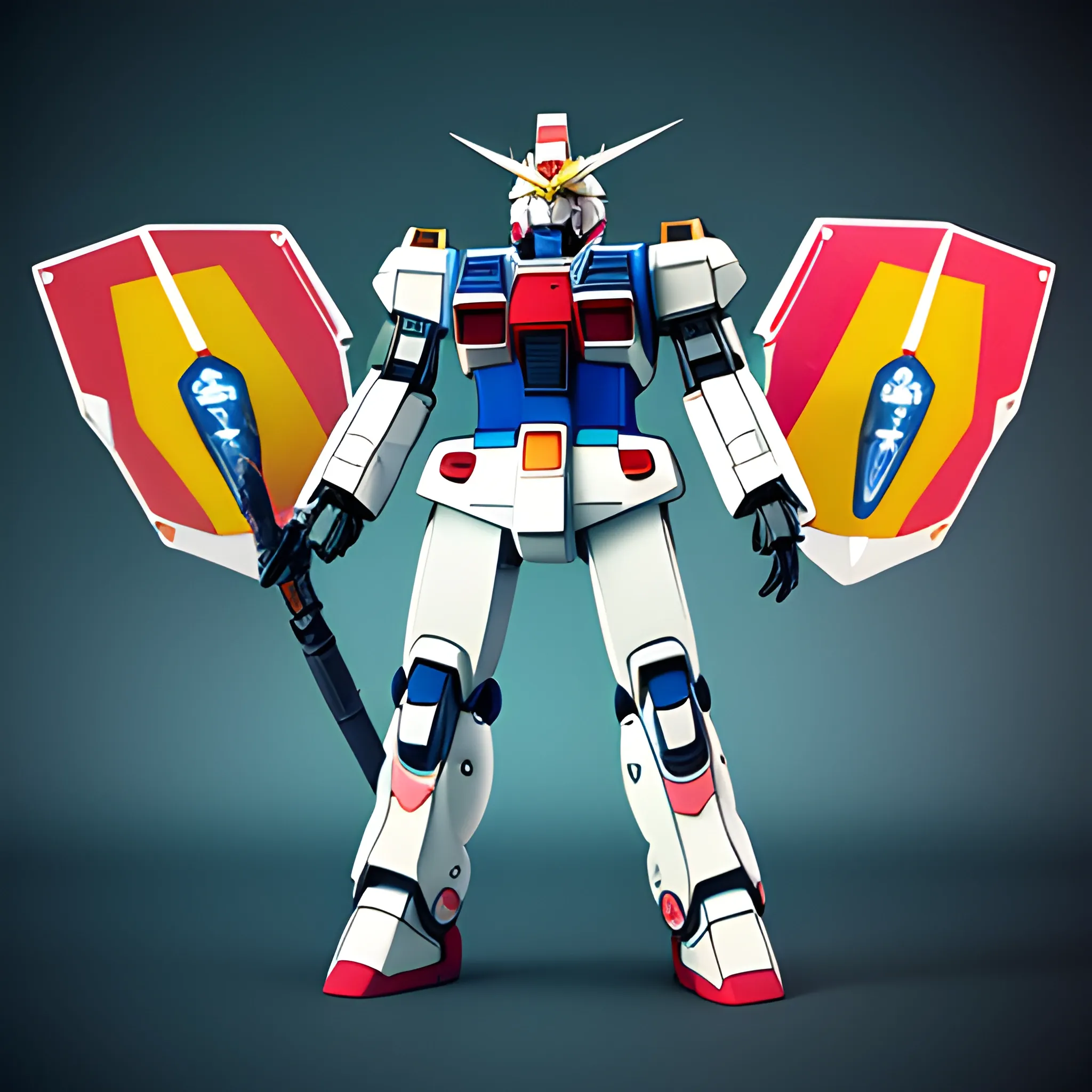 Double exposure style 3d digital render in an abstract surrealism style of the RX-78-2 Gundam, with shield and weapon, in the style of Kunio Okawara, Trippy