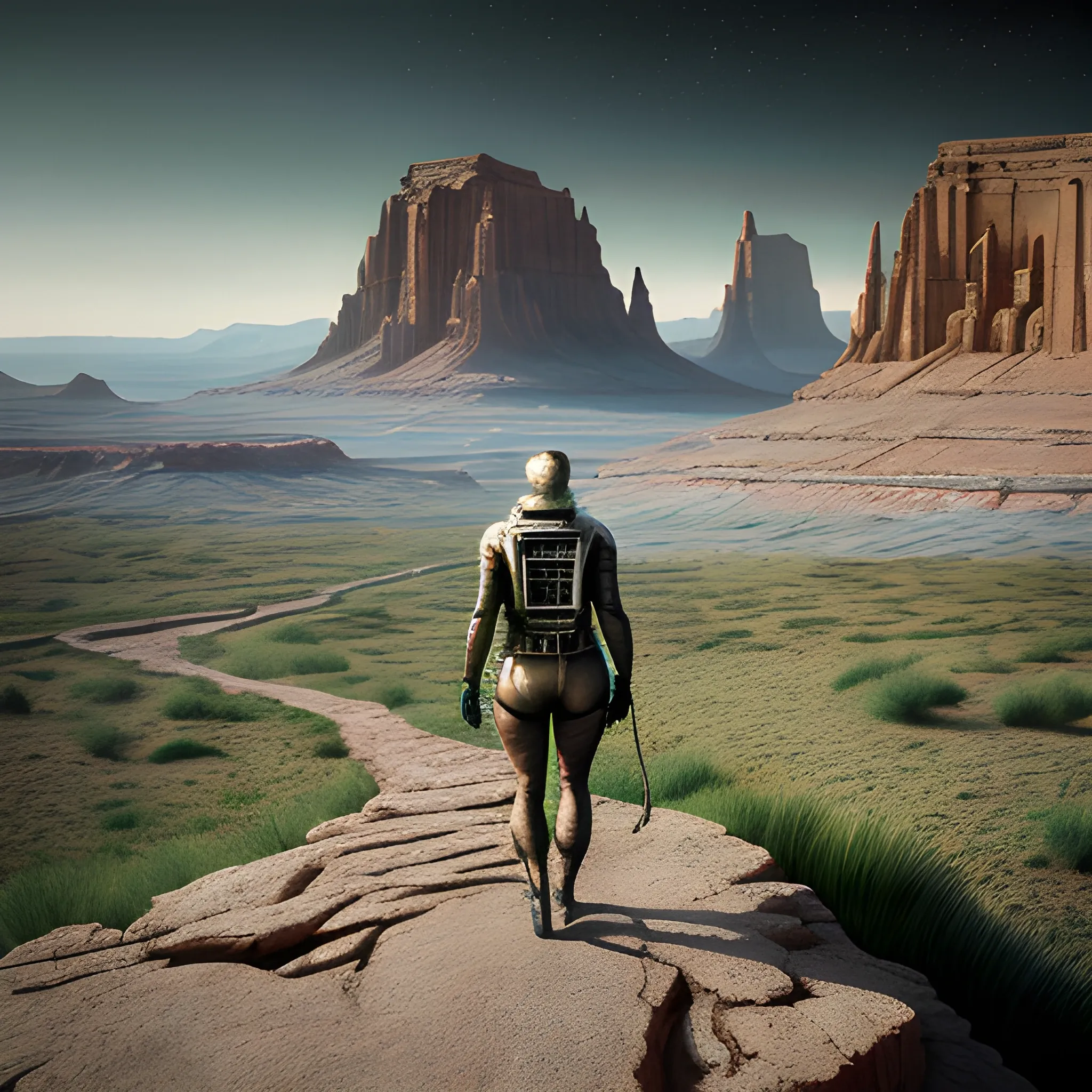 (Masterpiece), (hyper-realistic), (perfectly Detailed) image of the back of an astronout, girl, walking alone in an unknown and ancient landscape, full of bizzare yet fascinating flora and fauna. Artistic photography, absurdres, masterpiece 8K HDR quality image