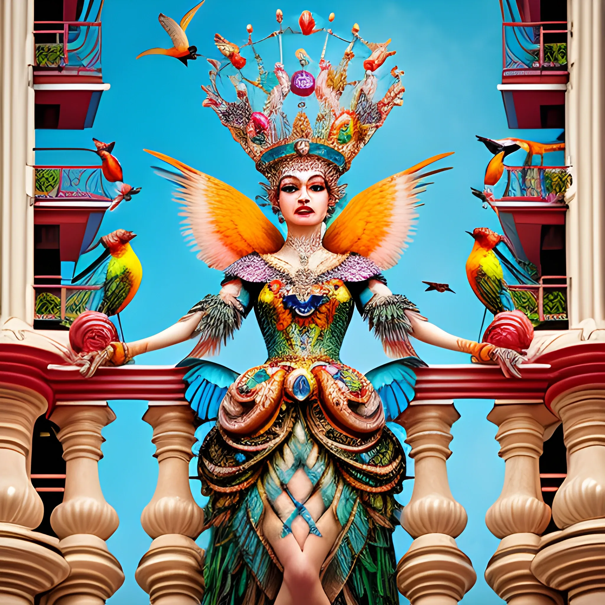 (bird queen), ((watching over a large precession)), view from balcony, bright and vibrant, anthropomorphic, ((candid shot))highly detailed, high resolution, extreme details, hdr, detailed face, masterpiece,