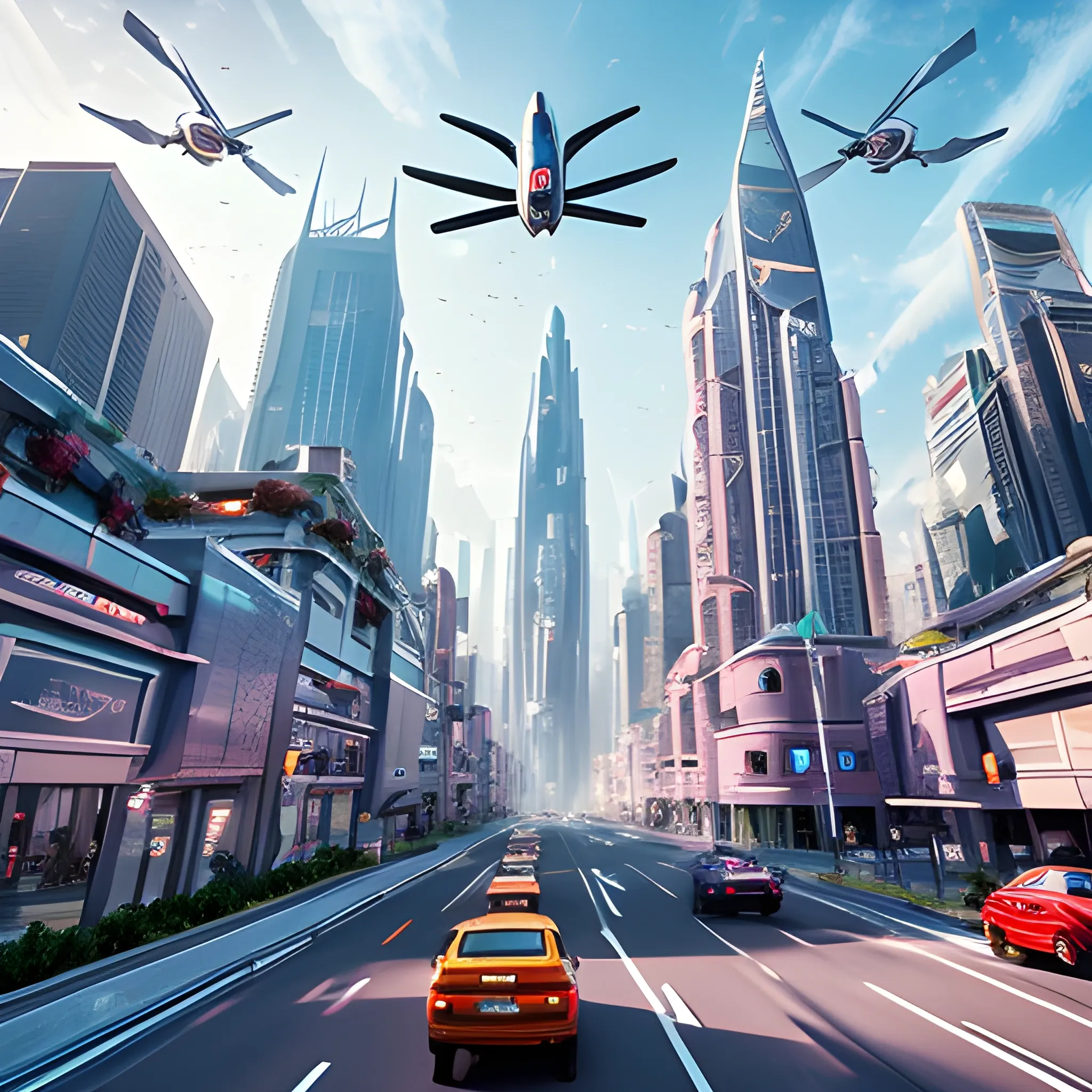 The future city, with flying cars soaring above the streets, in the middle of the day