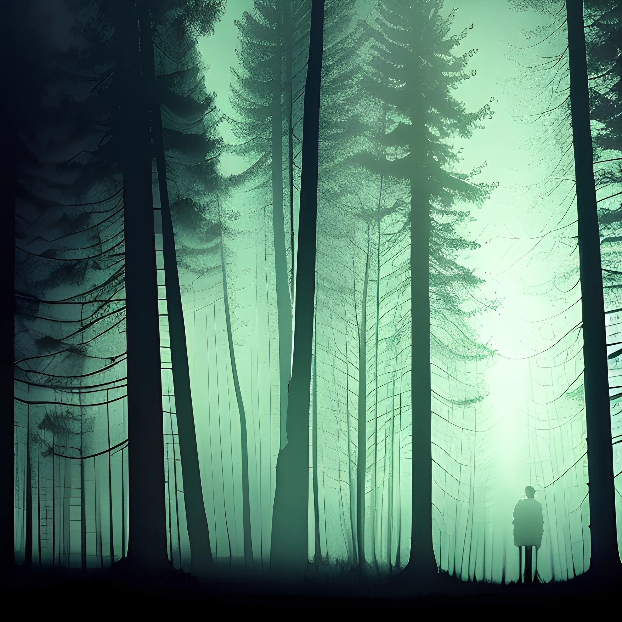 Double exposure of the transparent silhouette of a sad astronout superimposed seamlessly against a forest landscape, mysterious, misty background, sad mood