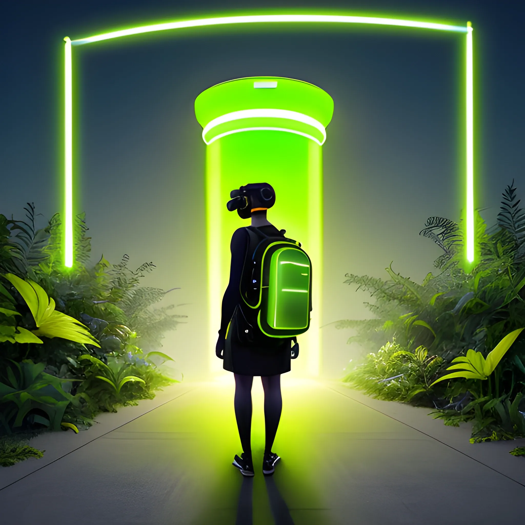 The image depicts a person standing on a runway at night. They are wearing a long, black dress and a backpack that emits a bright green light. The backpack appears to be transparent and filled with plants. The person is wearing a virtual reality glasses connected to the backpack by a tube, and the yellow light from. 