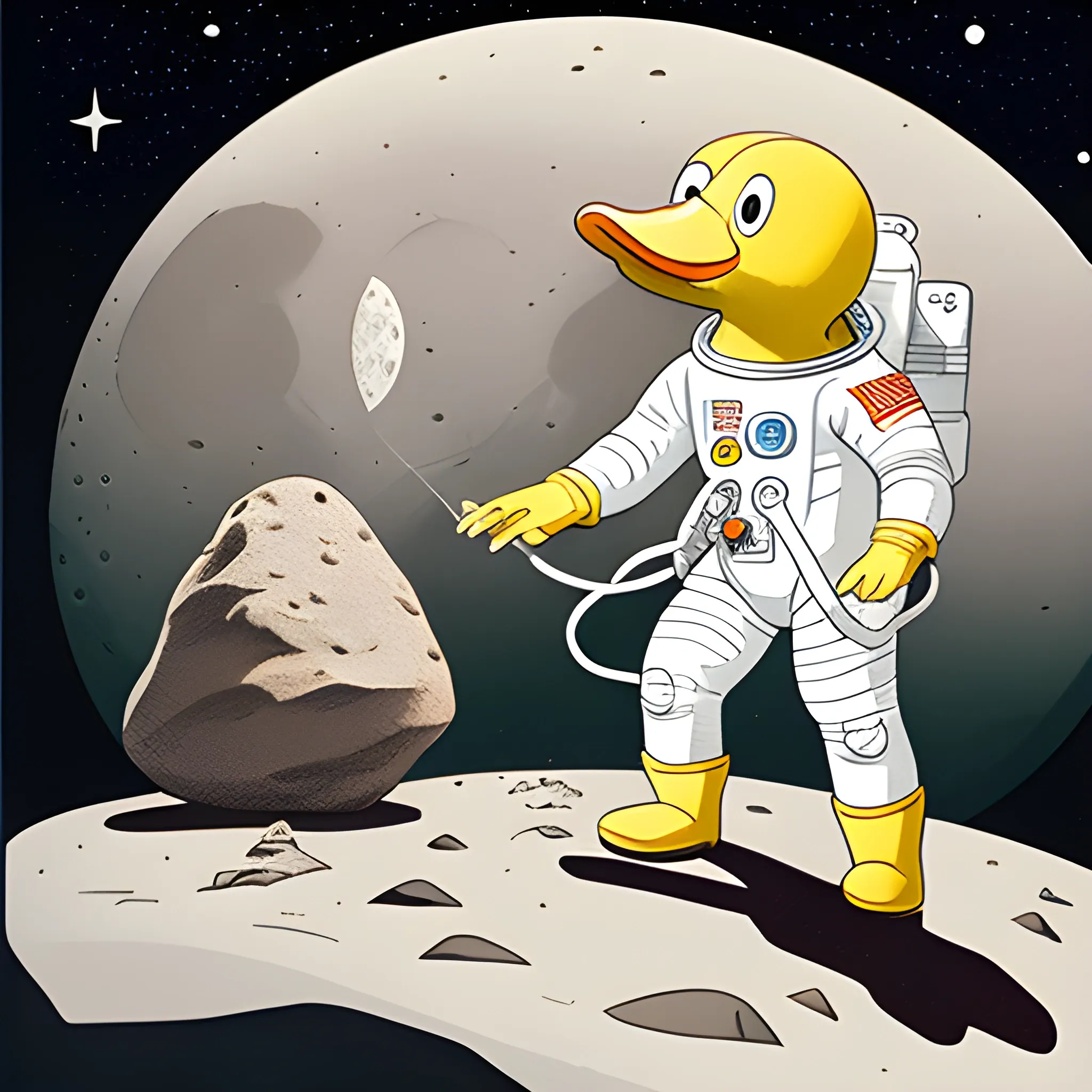 A cartoon illustration of an astronaut collecting a sample on the moon and seeing a stern looking duck watching him from behind an rock outcropping. The caption underneath reads "The duck side of the moon."