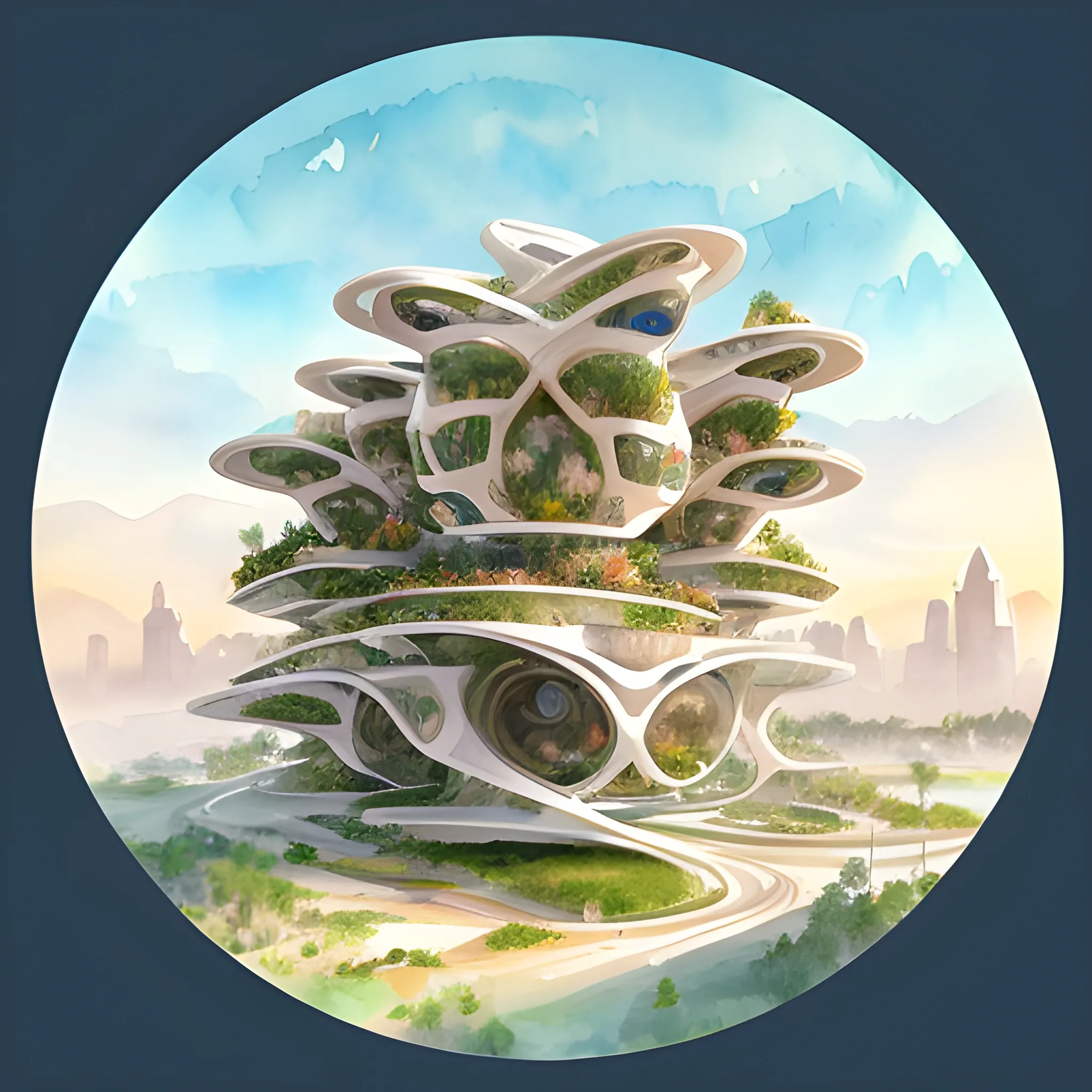 Idealistic future community with flowing organic architecture and soft colors, Watercolor illustration, Machine Learning Art AI Art