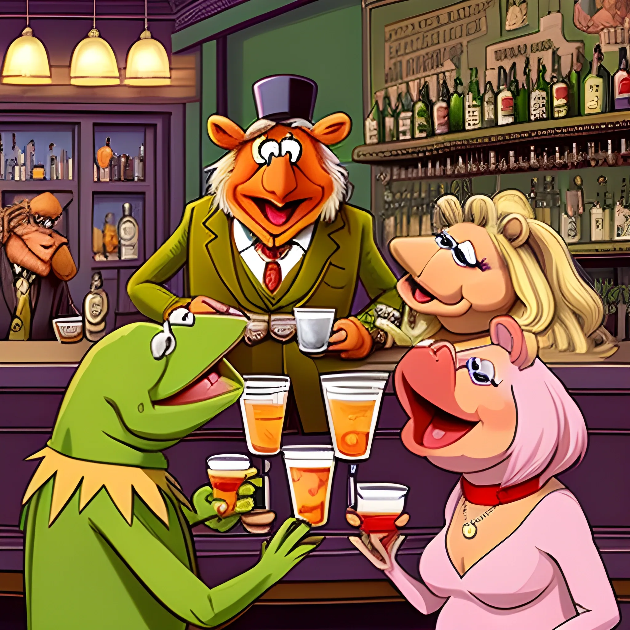 A cartoon illustration of Kermit, Sweetums, Fozzie, Gonzo, and Miss Piggy at a bar drinking Manhattans.