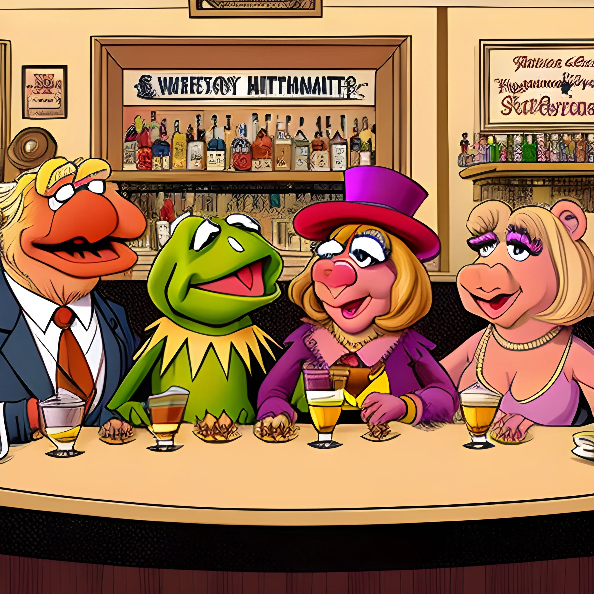 A cartoon illustration of Kermit, Sweetums, Fozzie, Gonzo, and Miss Piggy at a bar drinking Manhattans, by Graham Annable‬