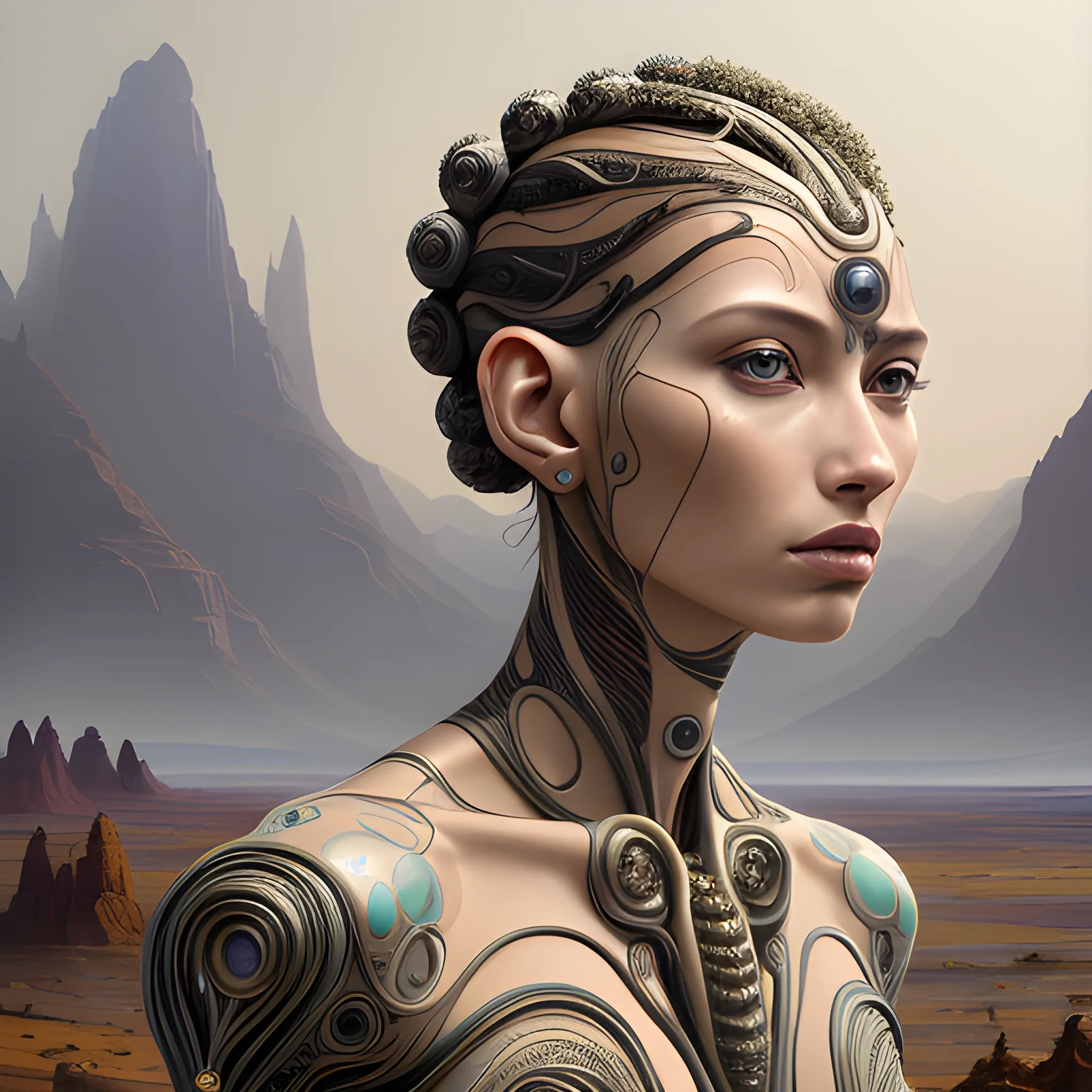 woman in an alien Gaia planet with serene nature and human city digital painting, sci-fi, Art by Jercka Jacek , Caravaggio, Rafael Sanzio, looking straight ahead, manga, tatoo, tan skin, perfect hands,highly detailed, intricated, intricated pose, 
clarity, high quality digital painting, highly detailed, intricated, intricated pose, clarity, high quality