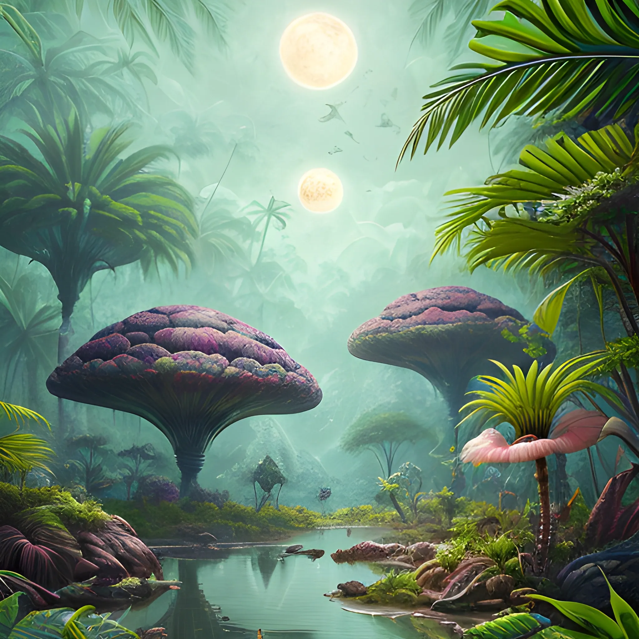 Art by Jercka Jacek, alien tropical planet with serene natur and human city digital painting, highly detailed, intricated, intricated pose, clarity, high quality