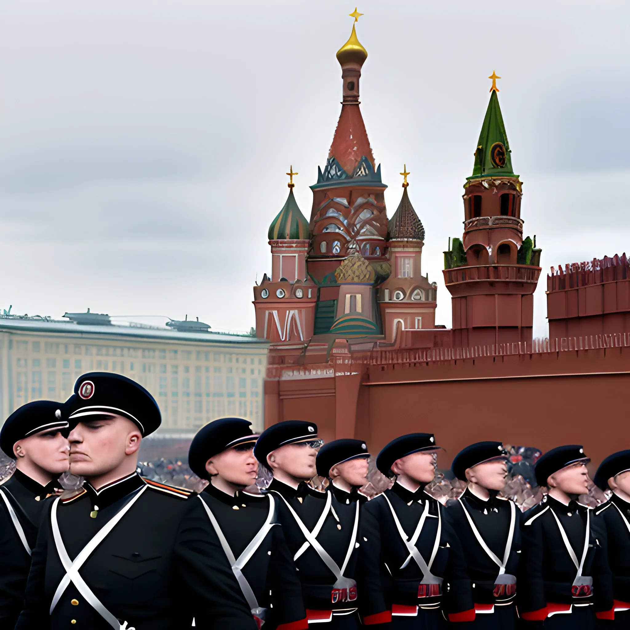 nazi flag over Moscow, nazi soldier in black waffen ss uniform parade in Moscow