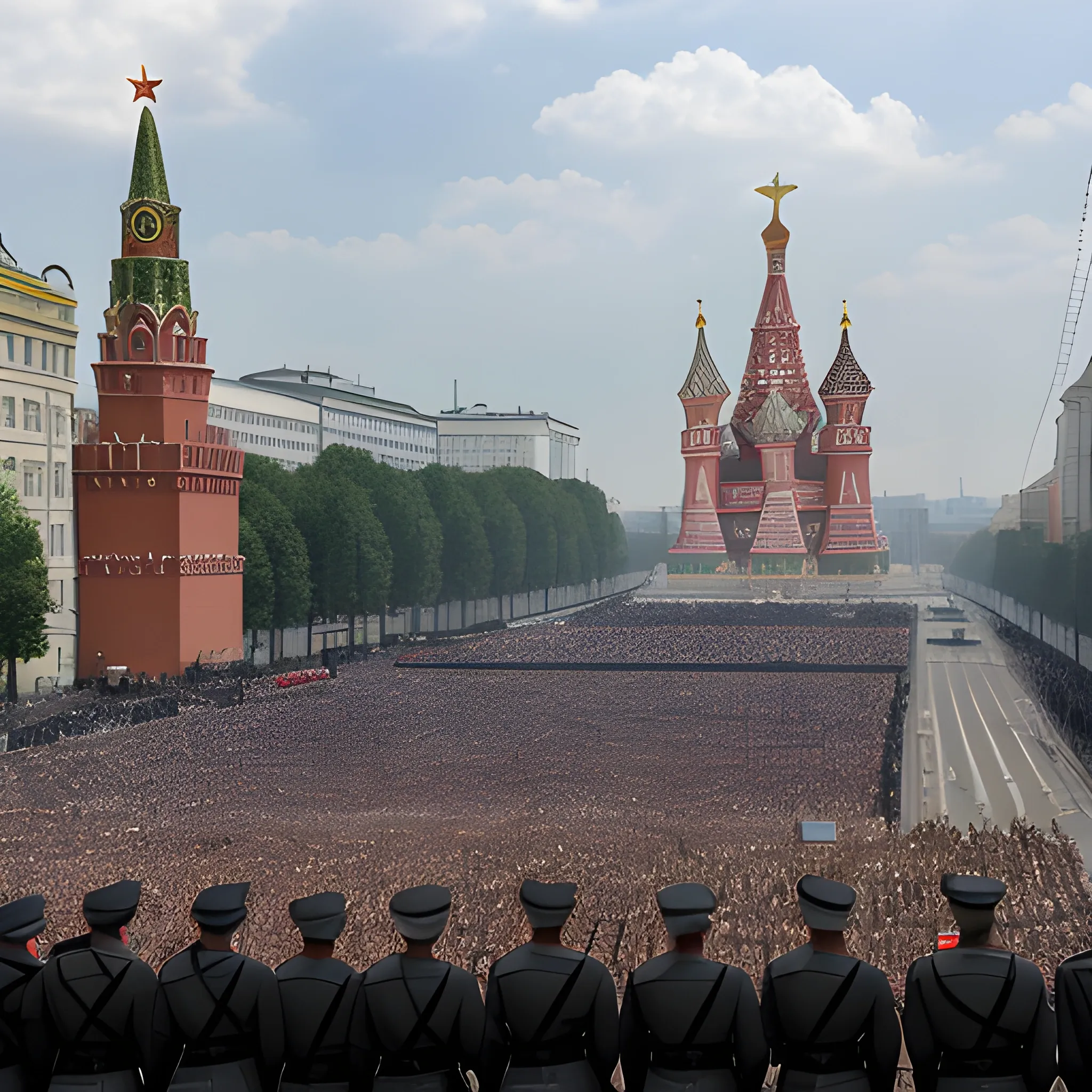 nazi flag over Moscow, nazi soldier in black waffen ss uniform parade in Moscow