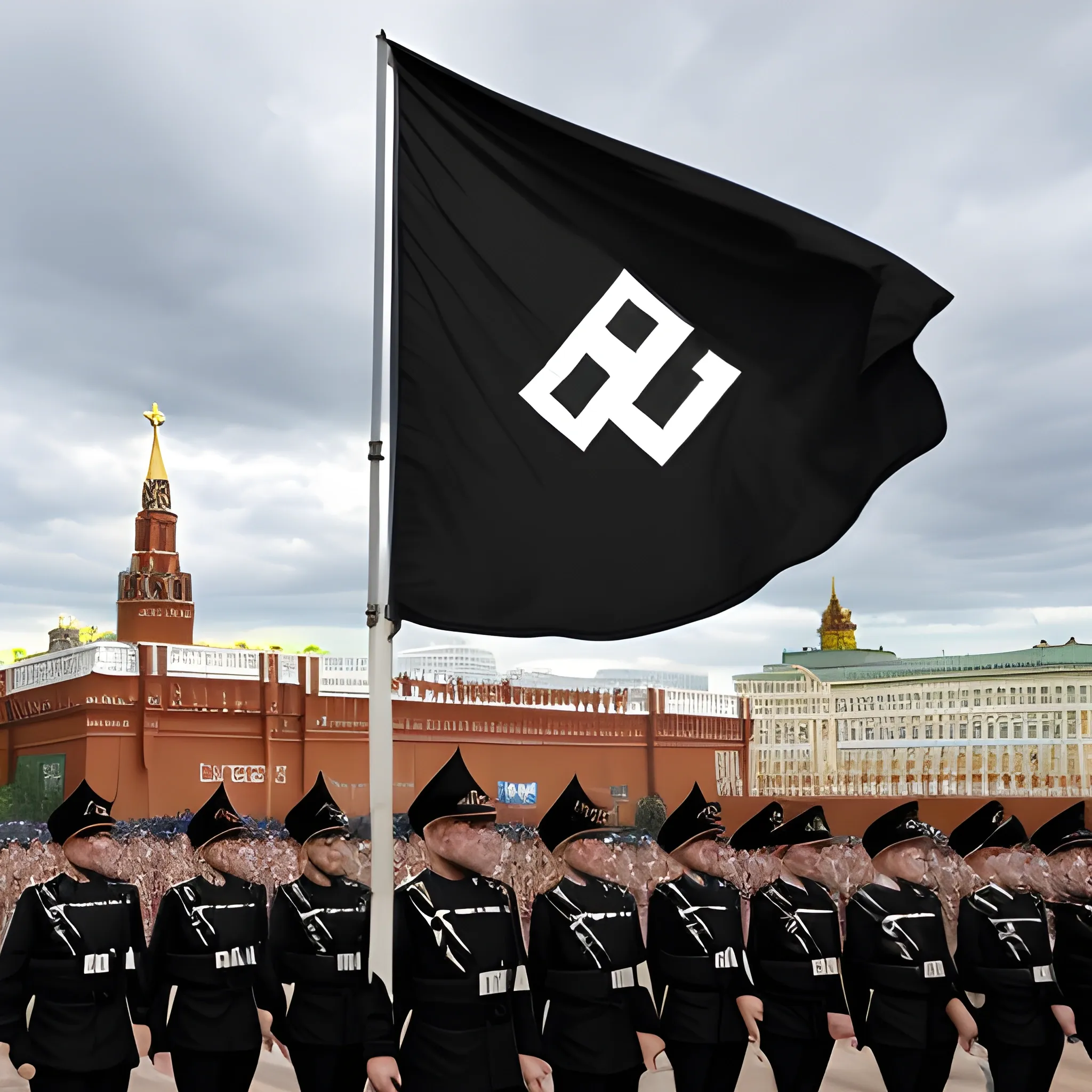 nazi flag over Moscow, nazi soldier in black waffen ss uniform parade in Moscow