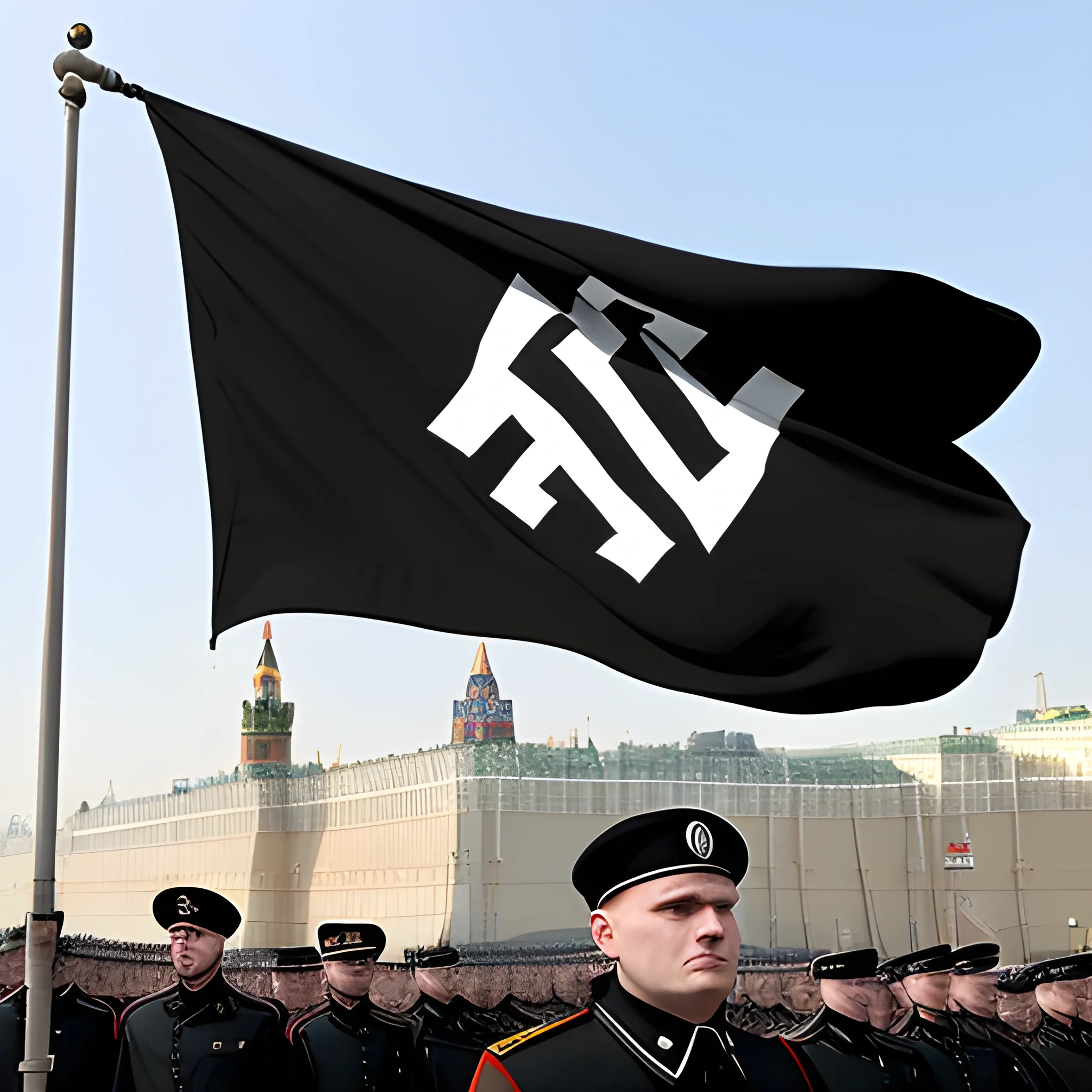 nazi flag over Moscow, nazi soldier in black waffen ss uniform parade in Moscow