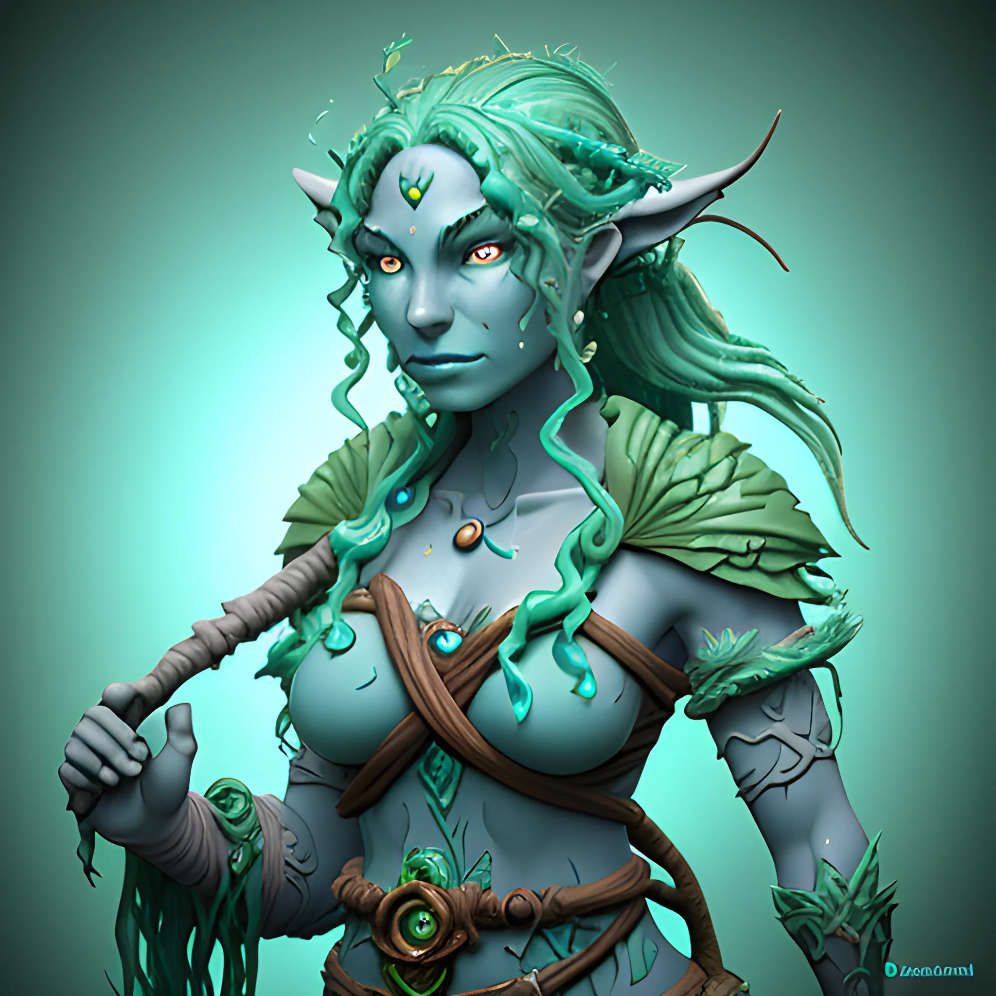 dungeons and dragons, druid, epic, female, water genasi, bluegreen skin, attractive,  cartoon, fantasy, 3D