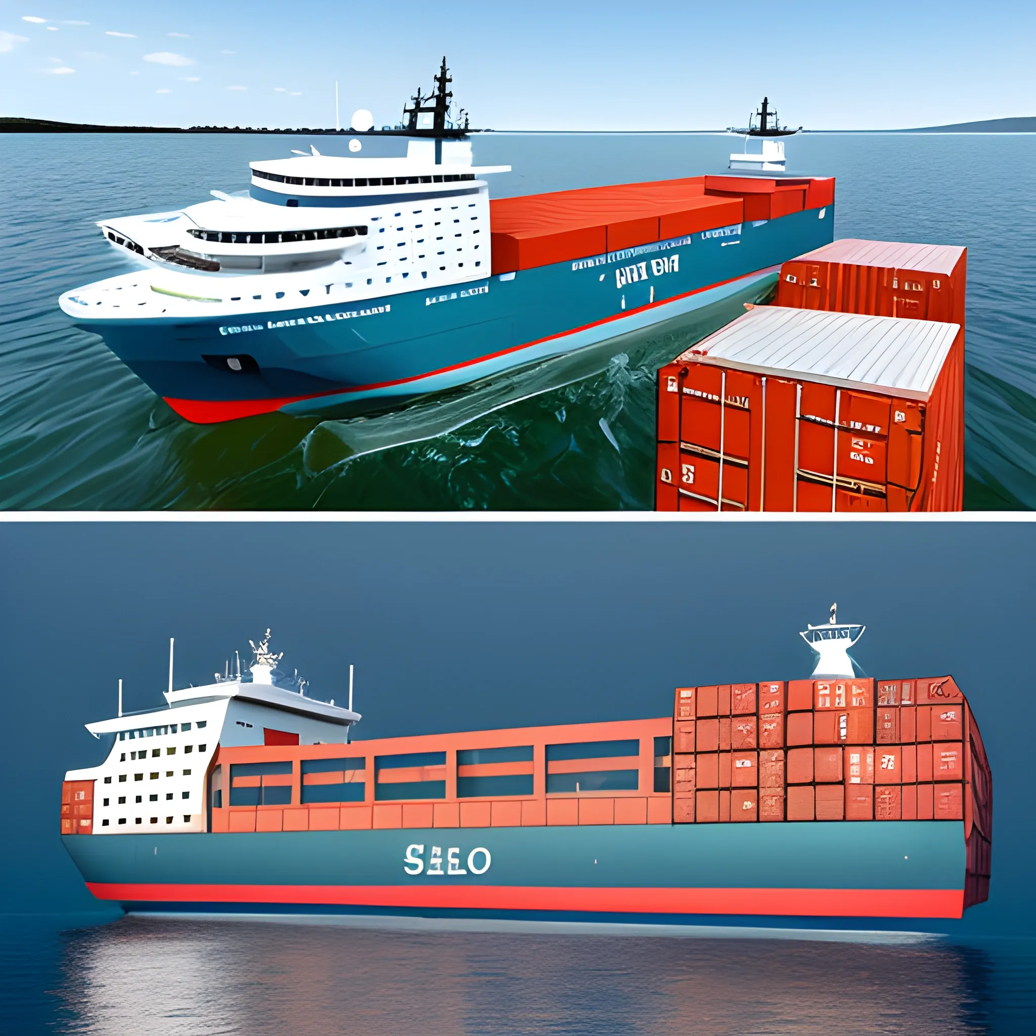 Sea Vessel with containers, floating on the bay, top and side view photo-realization