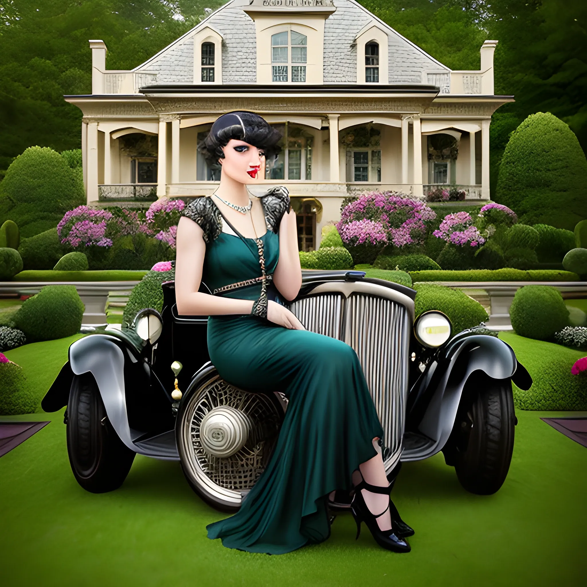 Betsy Braddock, echoing the enchanting allure of the roaring twenties, her hair fashioned in a shingle cut, evoking the Gatsby era, dressed in entrancing 20s attire, is the focal point of a palette-swapped noir Art portrait, by VisionBlue, set against the stunning backdrop of an elaborate garden within an exquisite Kentucky estate, electrifying, vintage, stunning garden, panorama view,